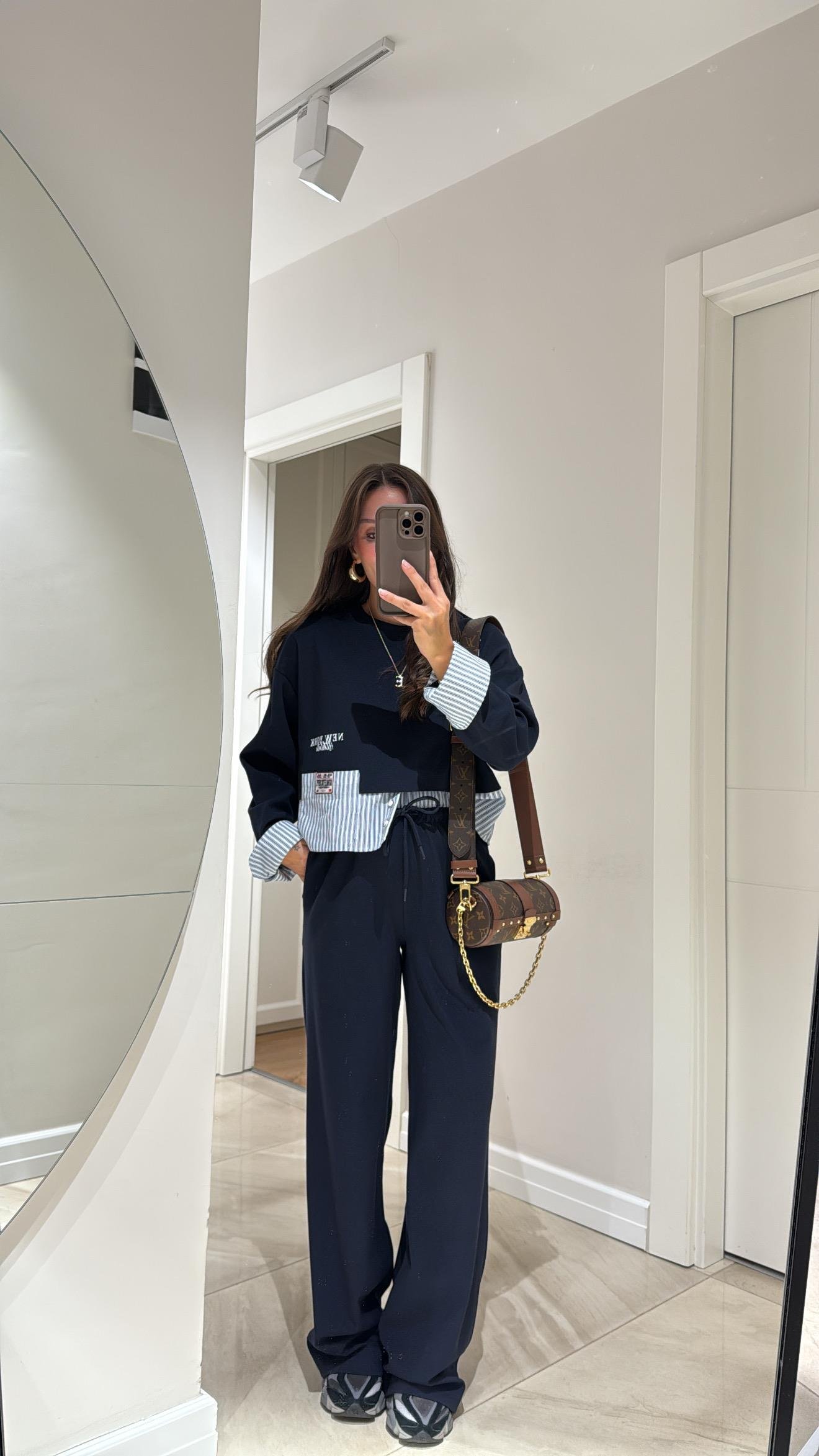 Lacivert Beyaz Çift Bel Görünümlü Pantolon