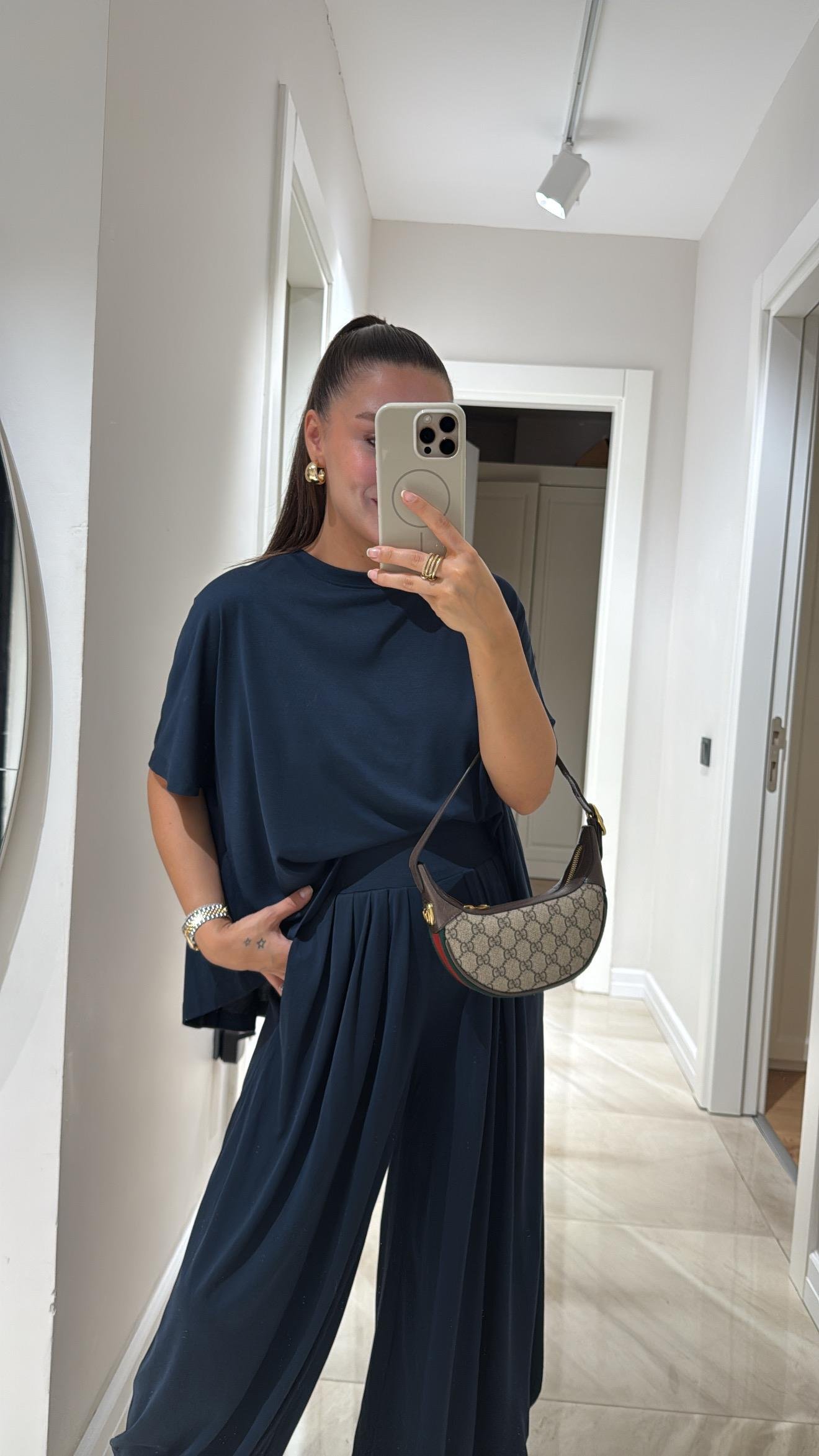 Lacivert Bisiklet Yaka Şalvar Pantolon Takım 