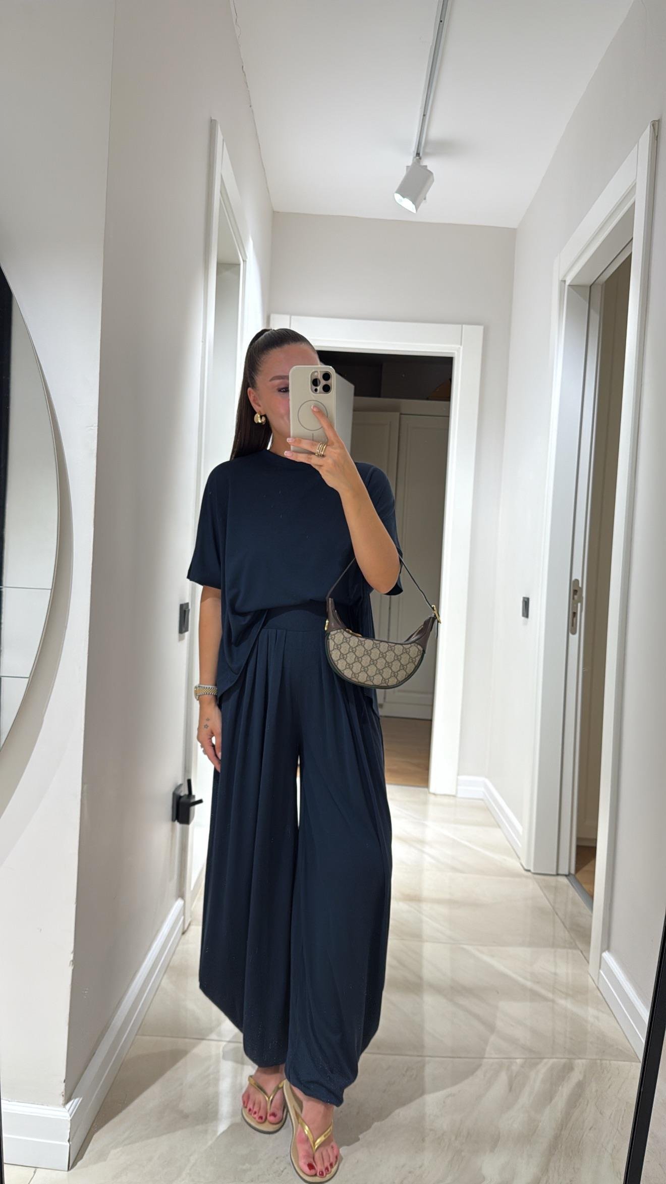 Lacivert Bisiklet Yaka Şalvar Pantolon Takım 