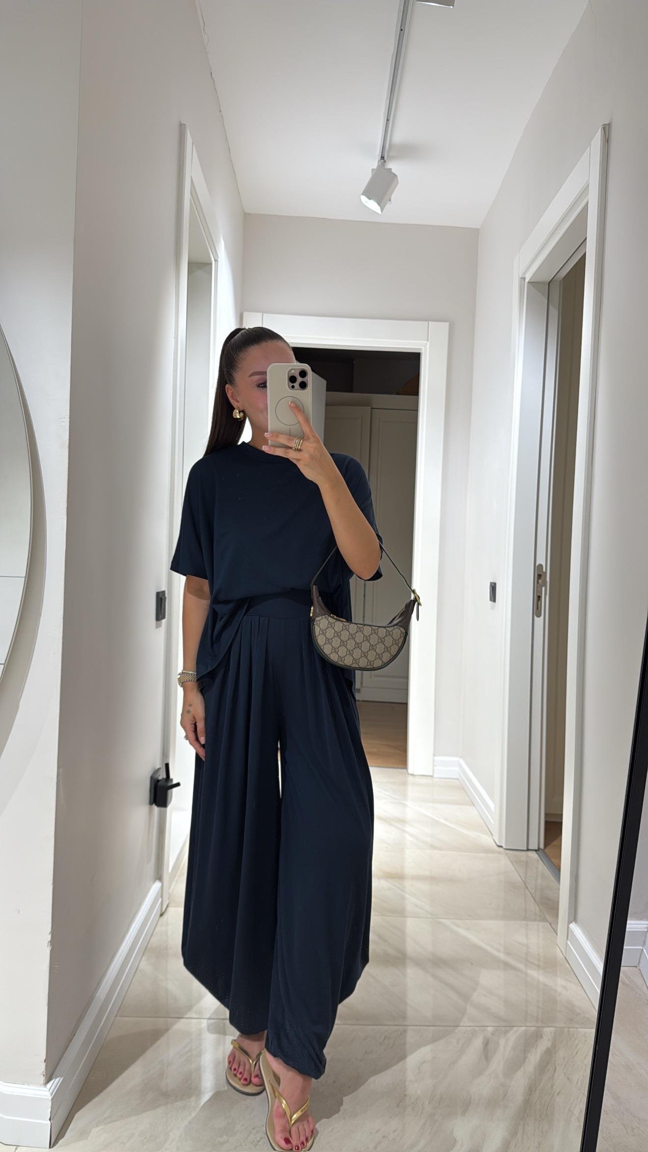 Lacivert Bisiklet Yaka Şalvar Pantolon Takım 