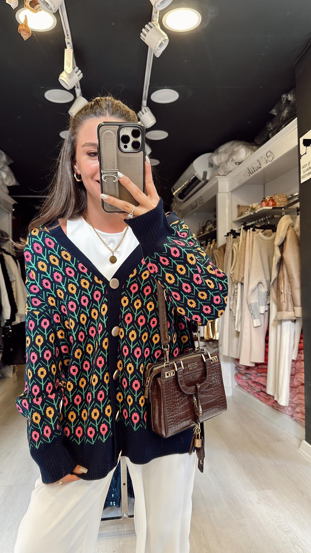 Lacivert Çiçekli Gold Düğmeli Hırka 