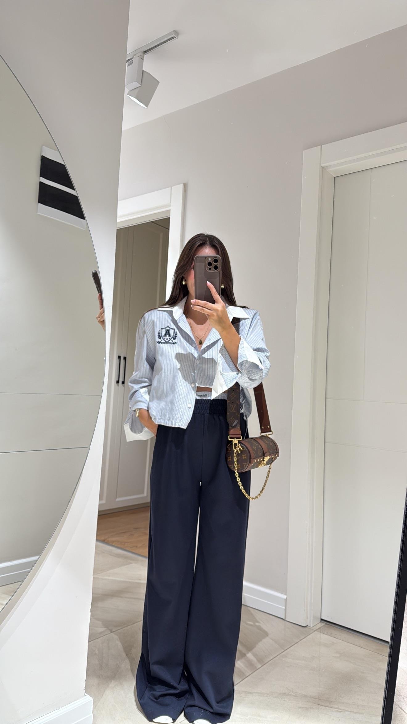 Lacivert Çift Bel Görünümlü Bol Paça Pantolon