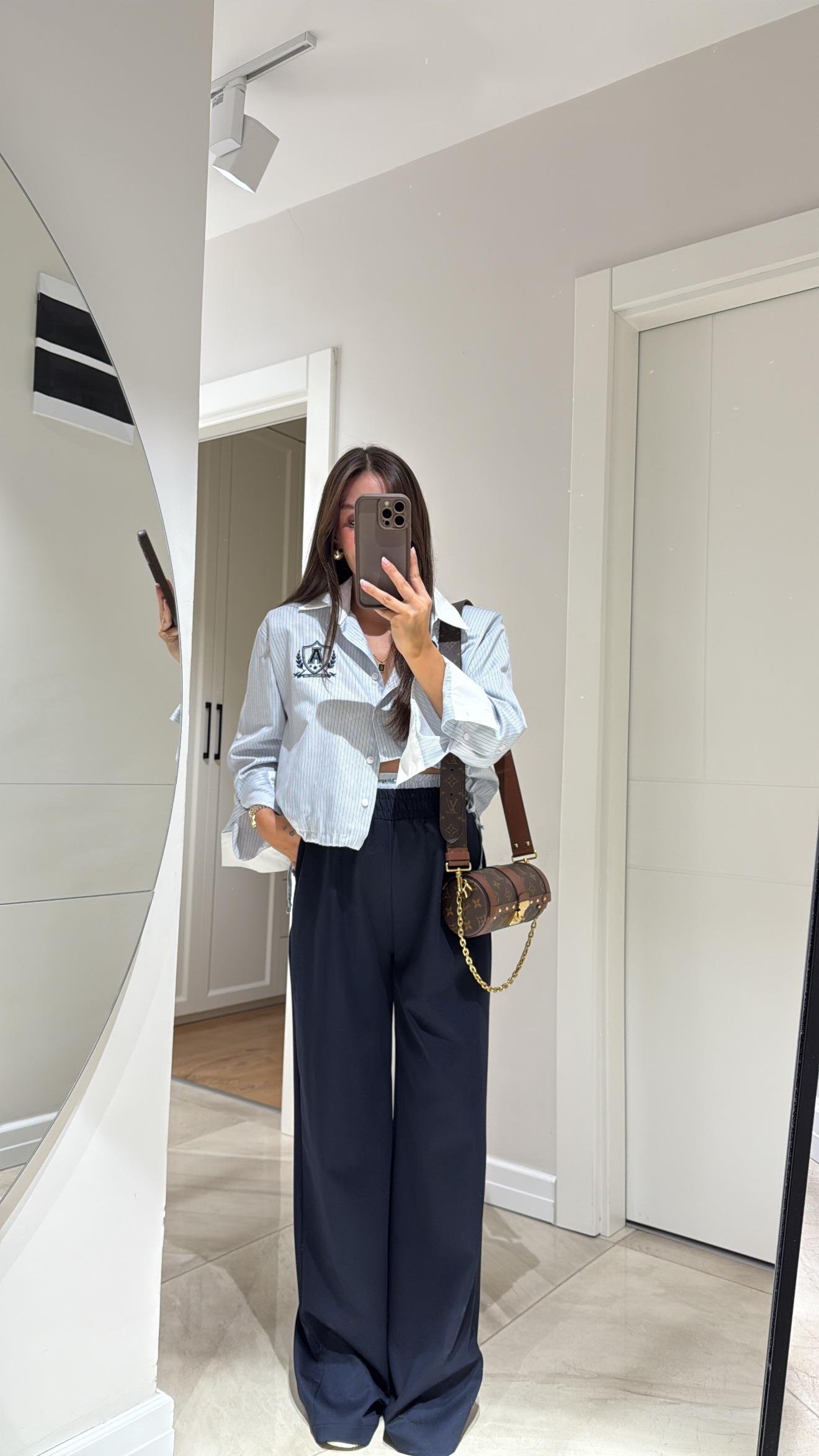 Lacivert Çift Bel Görünümlü Bol Paça Pantolon