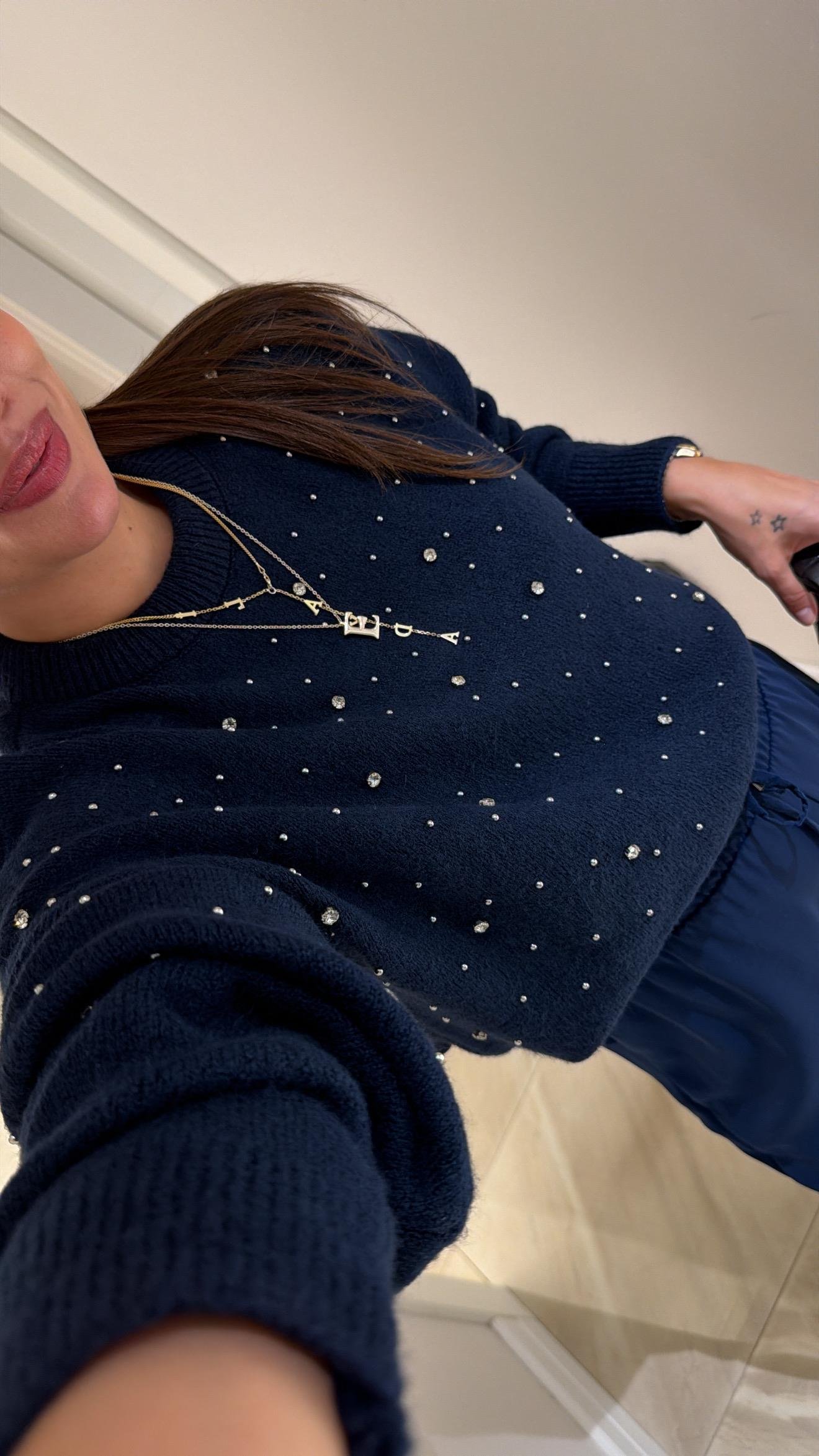 Lacivert Dağınık Taşlı Triko Kazak 