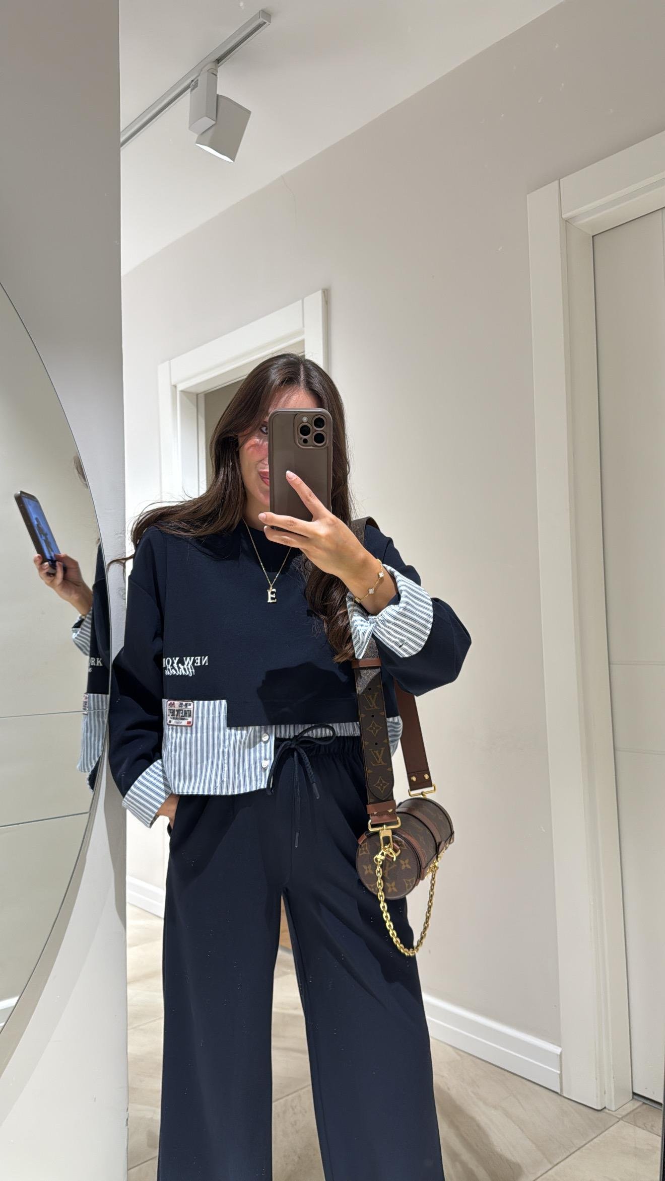 Lacivert Gömlek Detaylı Ön Cepli Bluz