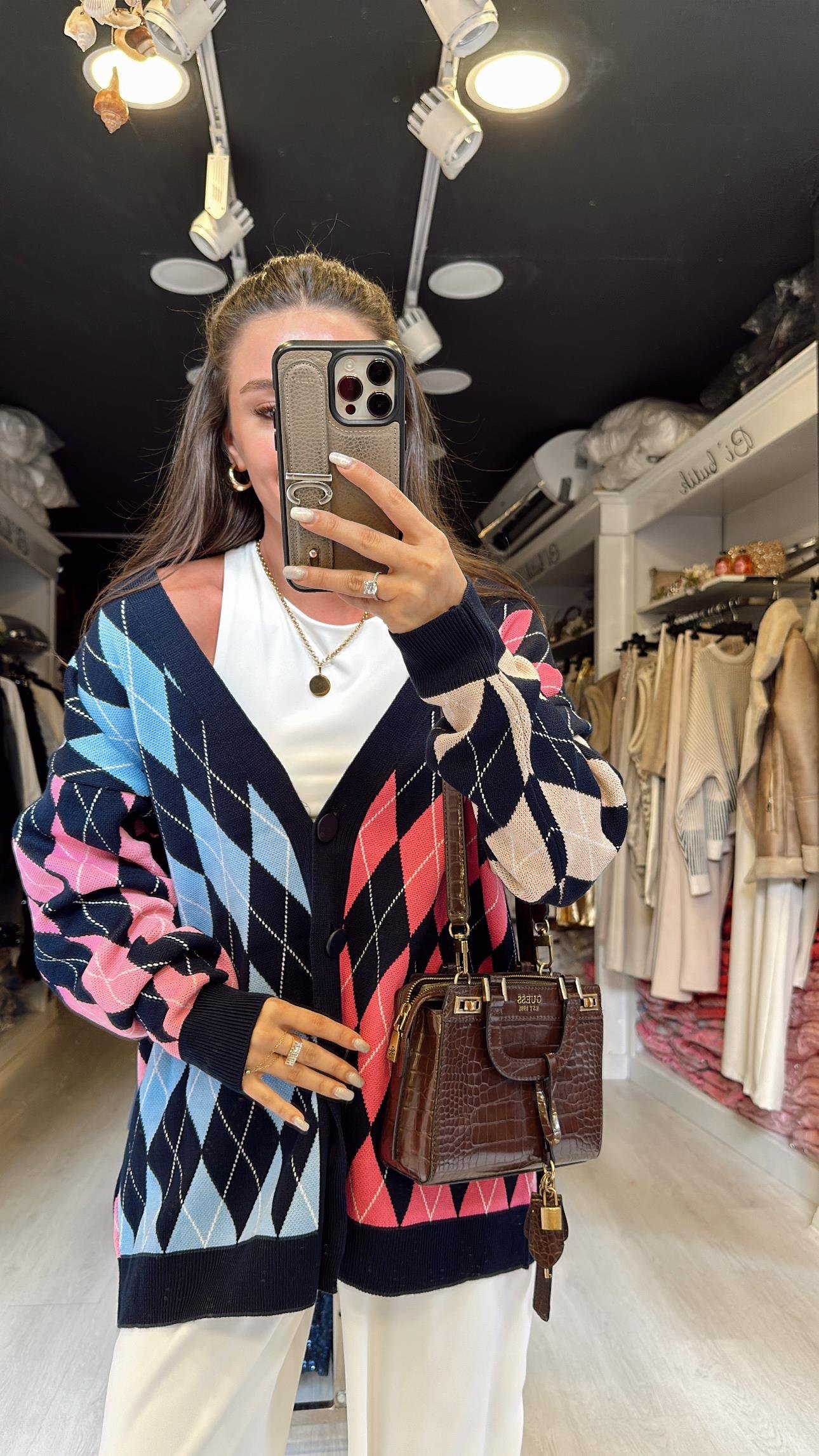 Lacivert Kemik Çok Renkli Baklava Desen Düğmeli Hırka