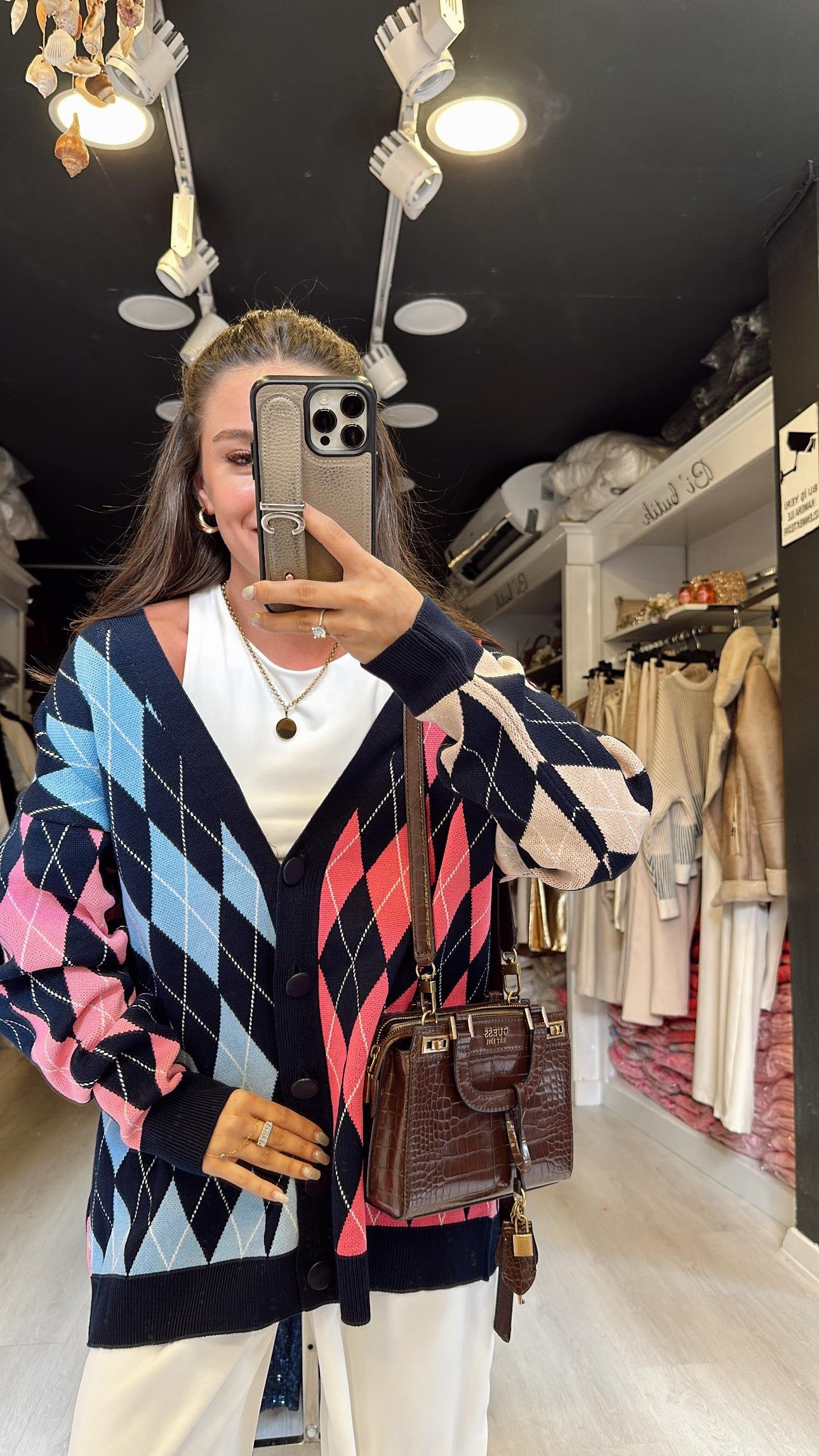 Lacivert Kemik Çok Renkli Baklava Desen Düğmeli Hırka