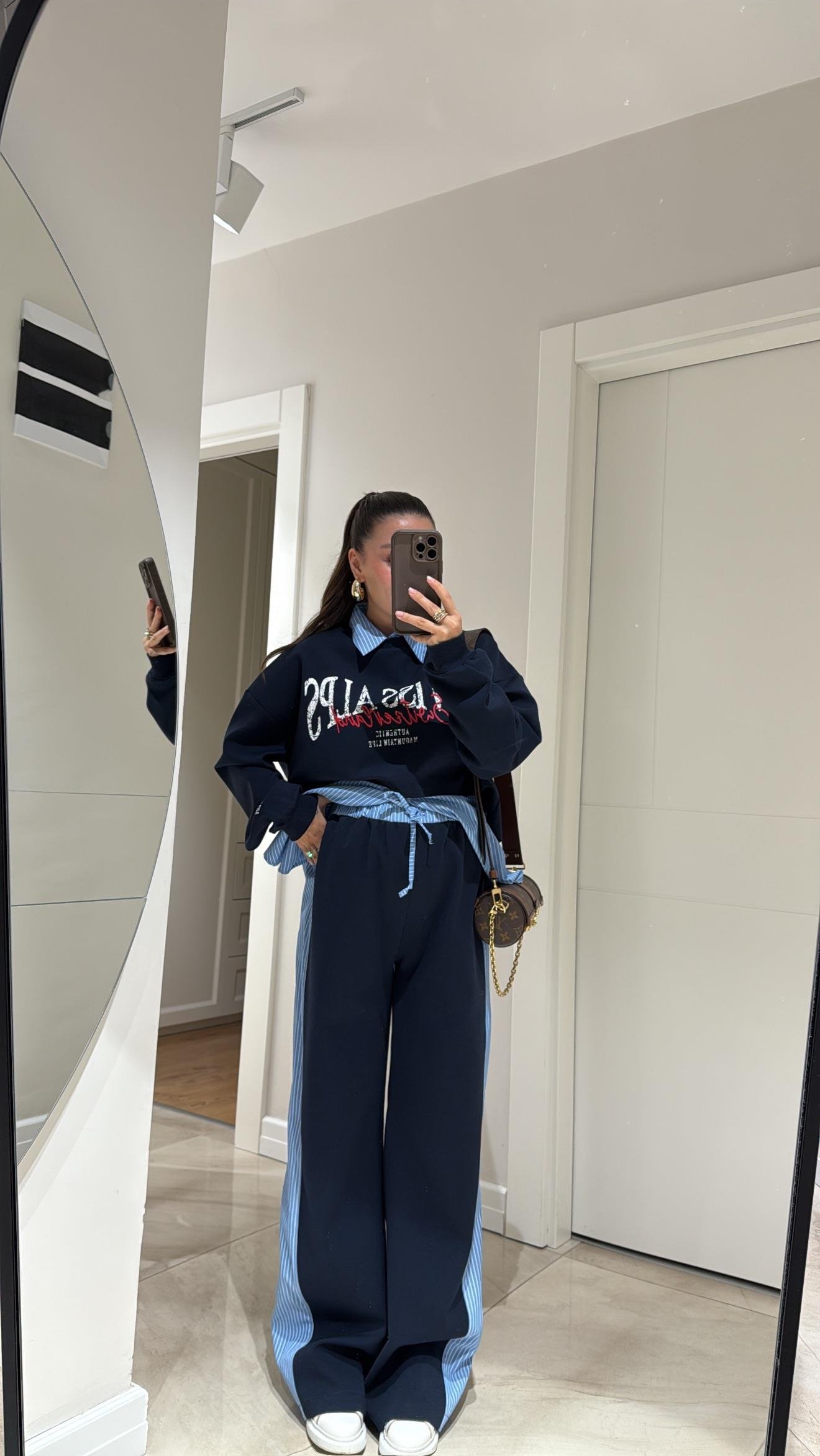 Lacivert Mavi Çizgi DetaylI Bel Lastikli Pantolon