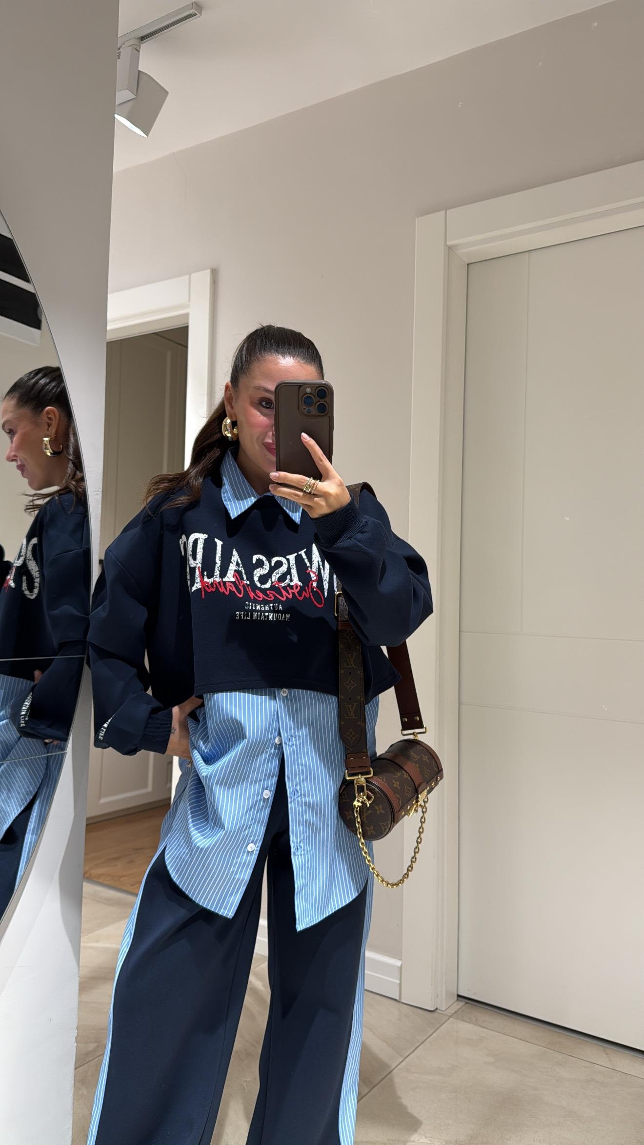 Lacivert Mavi Çizgili Gömlek Yaka Detaylı Sweat