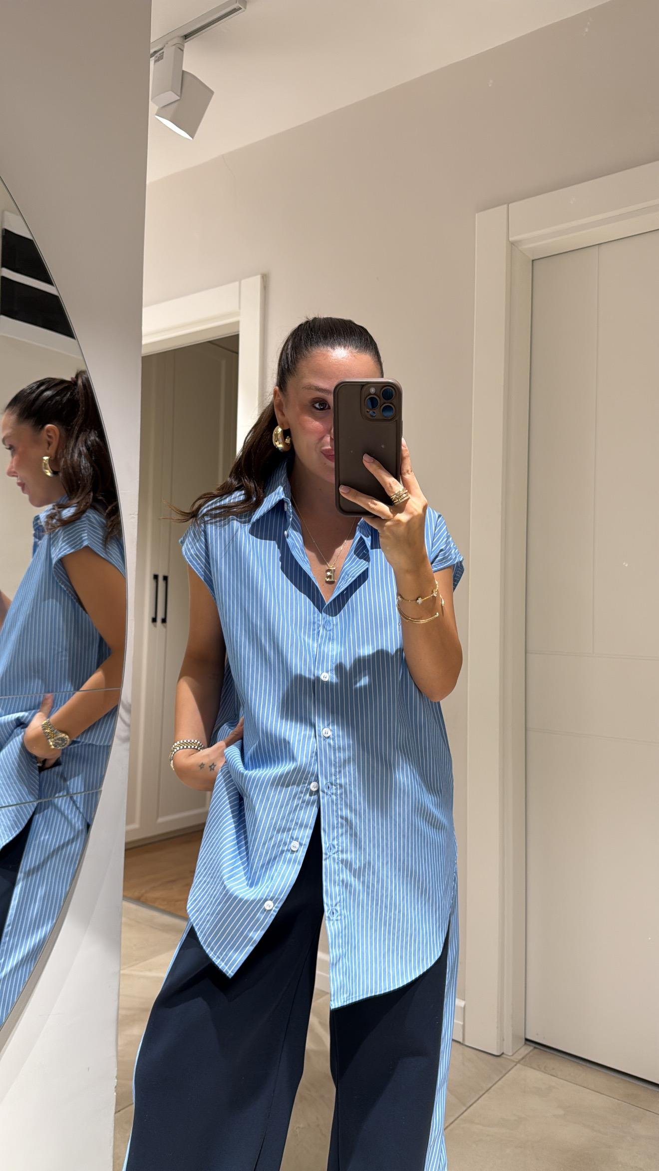 Lacivert Mavi Çizgili Gömlek Yaka Detaylı Sweat