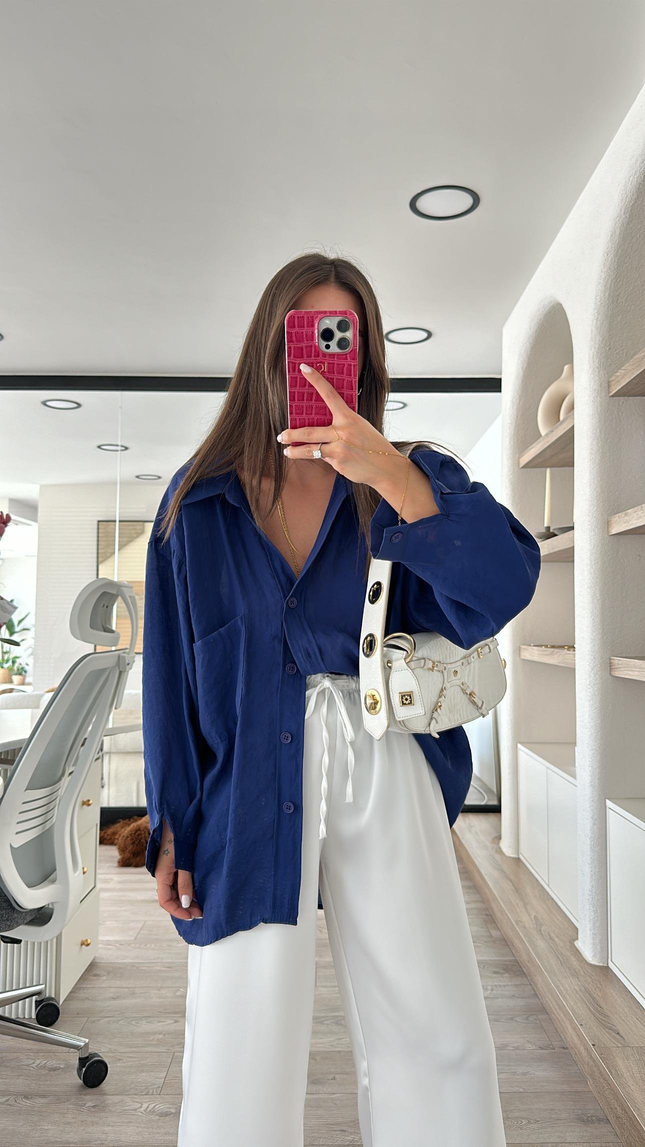 Lacivert Tensel Kumaş Düşük Omuzlu Oversize Gömlek