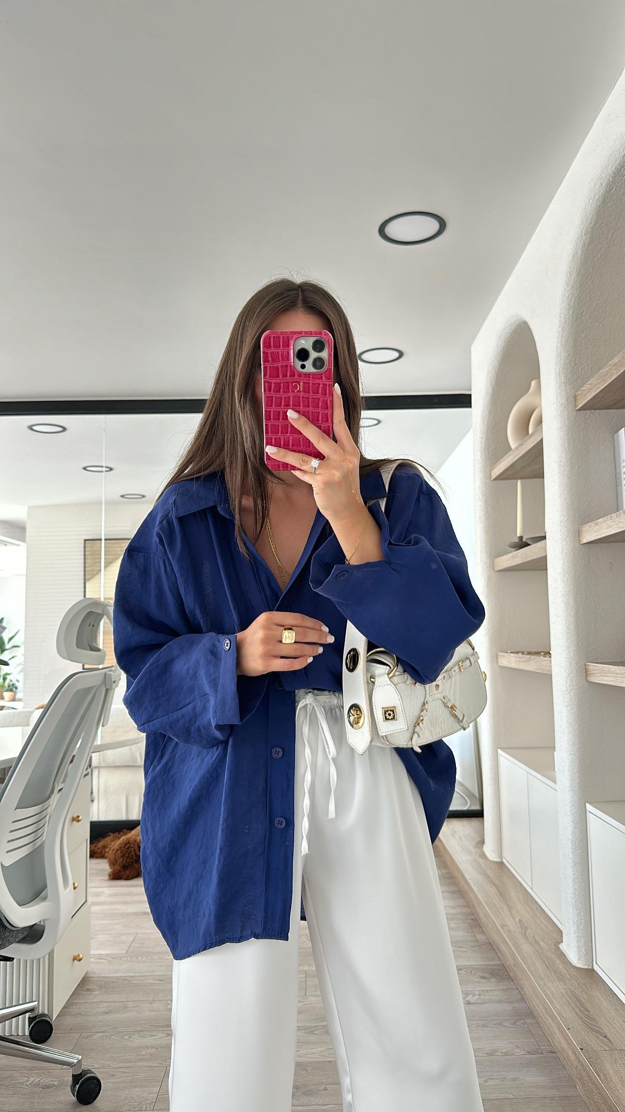 Lacivert Tensel Kumaş Düşük Omuzlu Oversize Gömlek