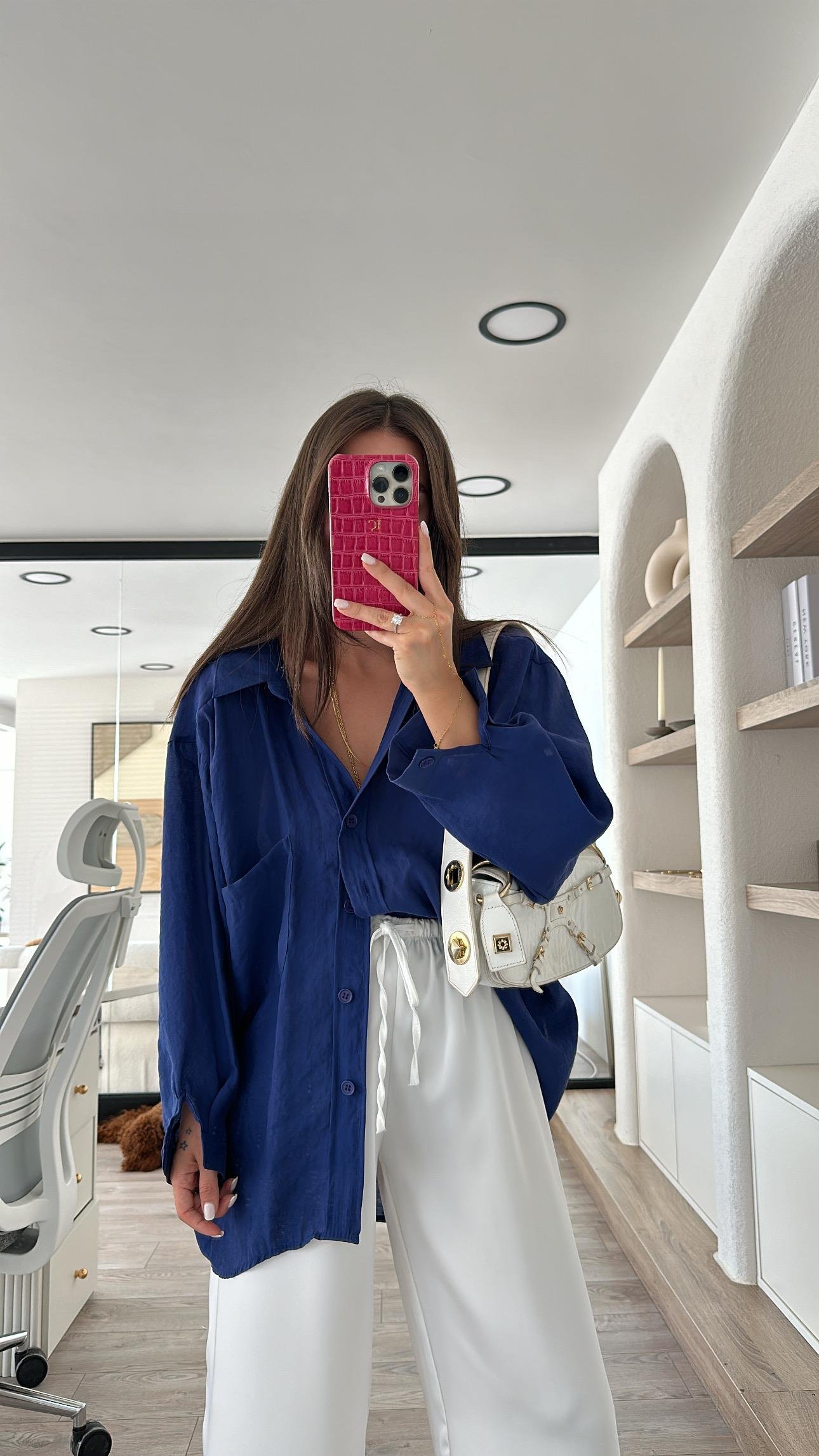 Lacivert Tensel Kumaş Düşük Omuzlu Oversize Gömlek