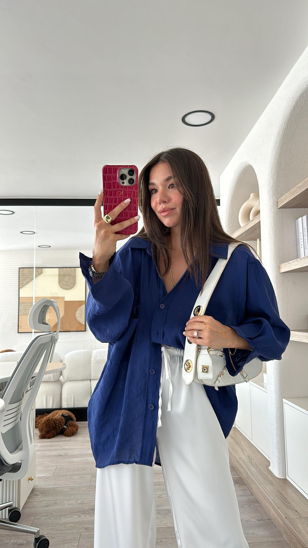 Lacivert Tensel Kumaş Düşük Omuzlu Oversize Gömlek