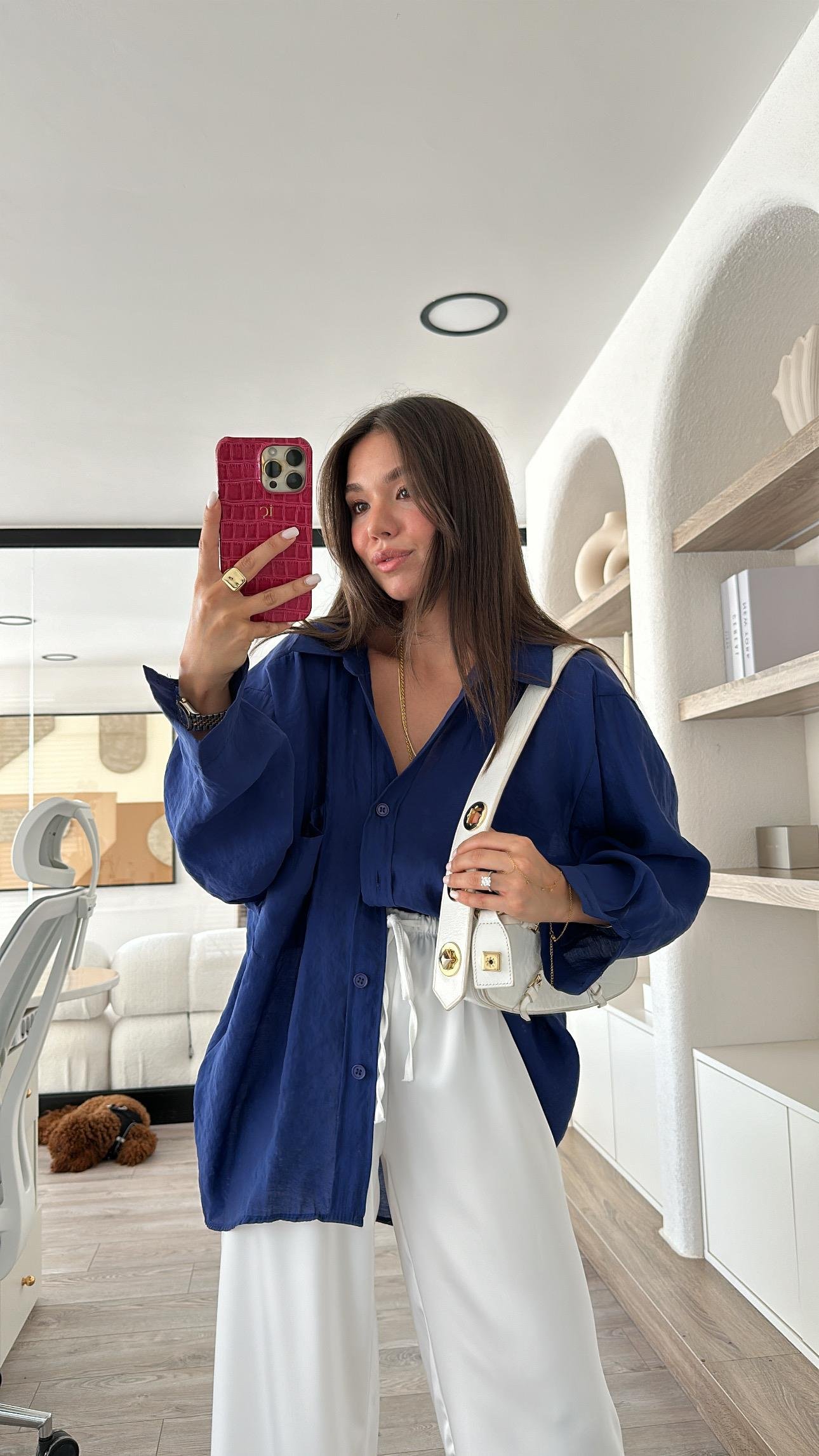 Lacivert Tensel Kumaş Düşük Omuzlu Oversize Gömlek