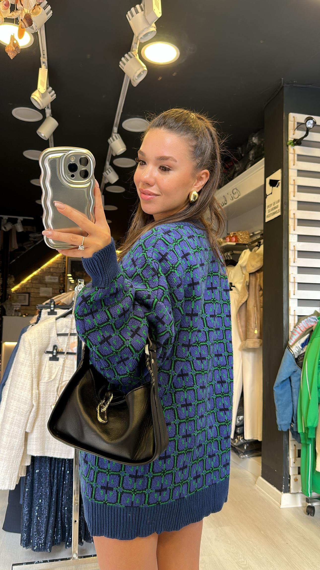 Lacivert Yeşil Kare Desenli Düğmeli Hırka 