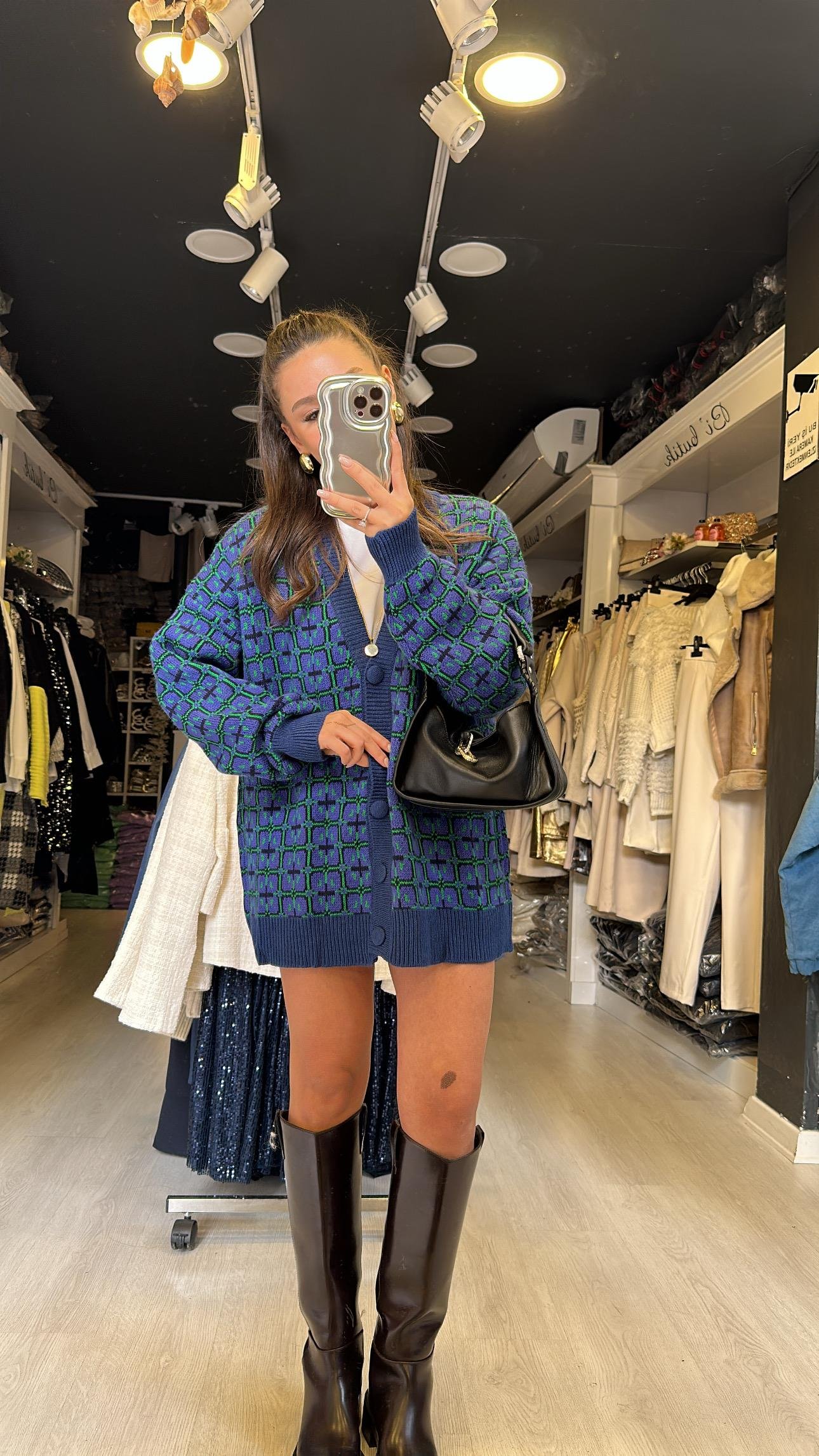 Lacivert Yeşil Kare Desenli Düğmeli Hırka 