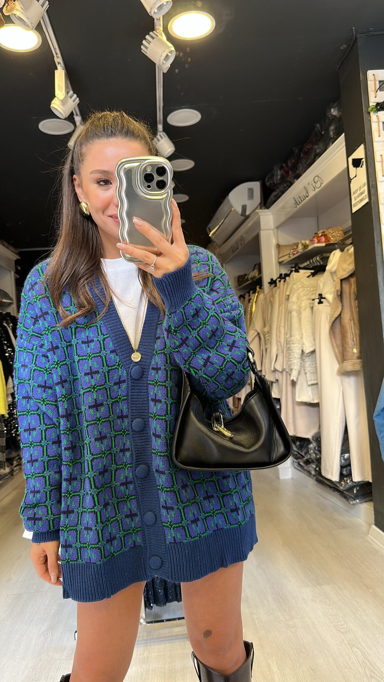 Lacivert Yeşil Kare Desenli Düğmeli Hırka 