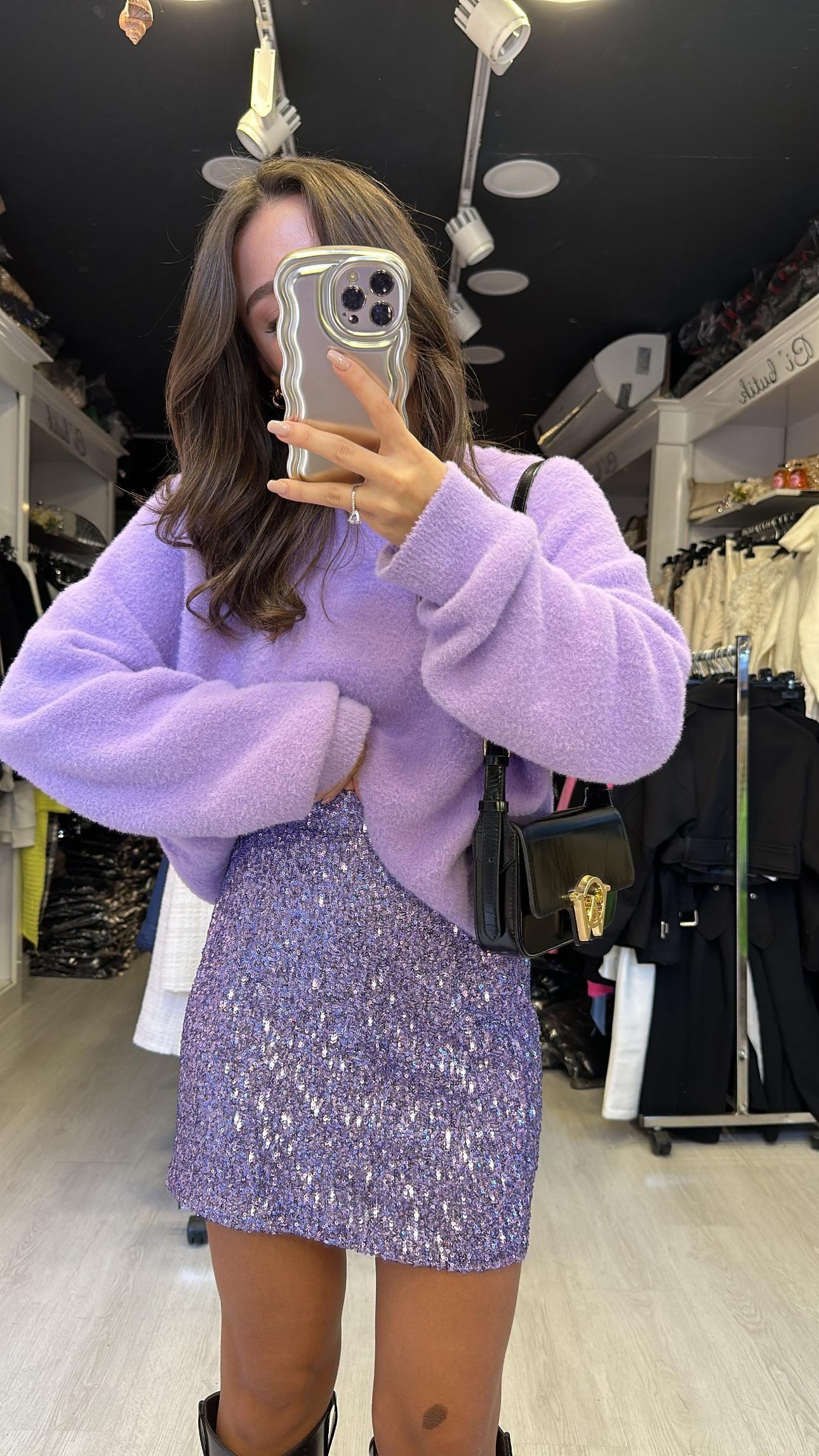 Lila Pul Detaylı Payetli Mini Etek