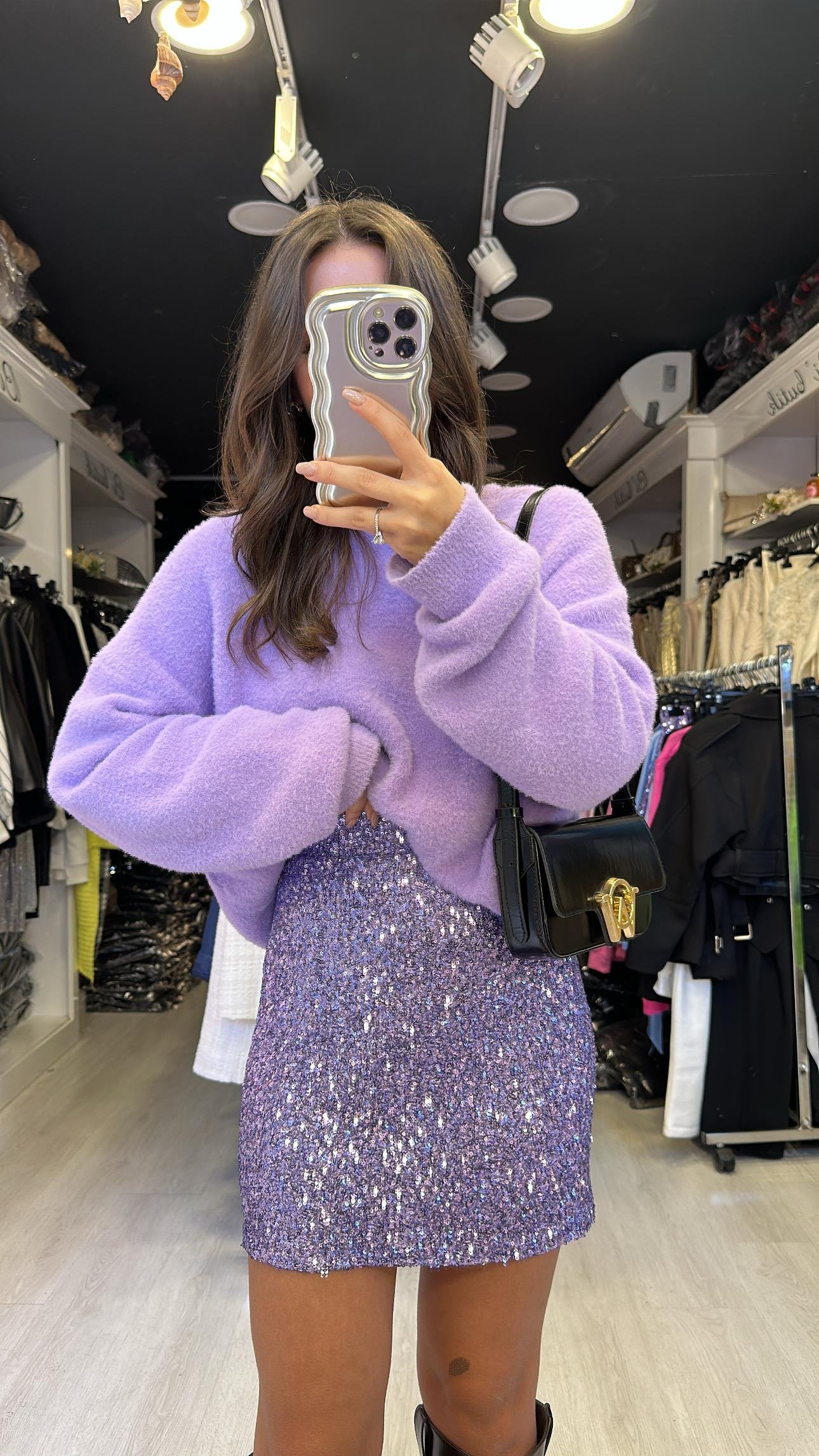 Lila Pul Detaylı Payetli Mini Etek