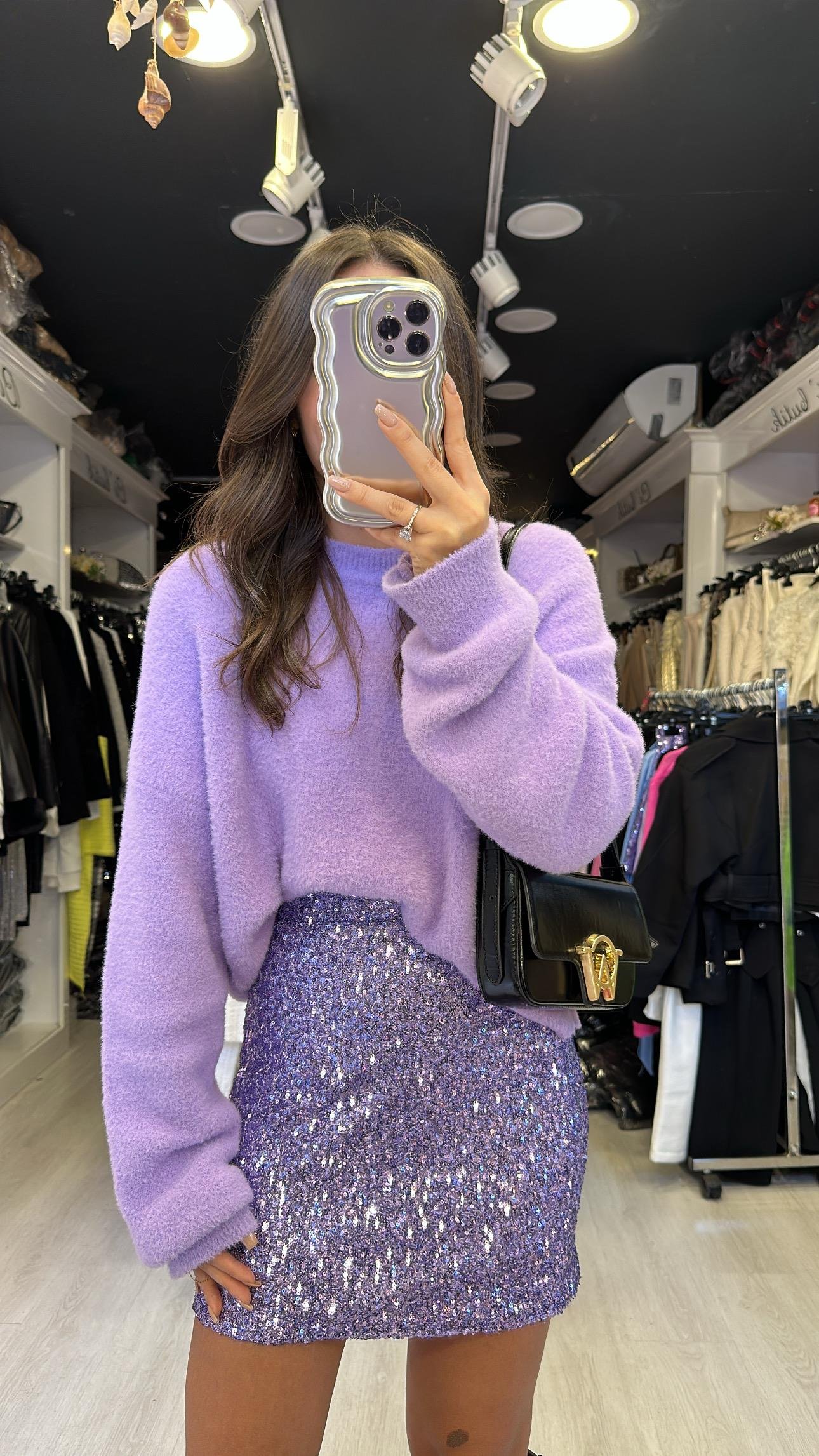 Lila Pul Detaylı Payetli Mini Etek