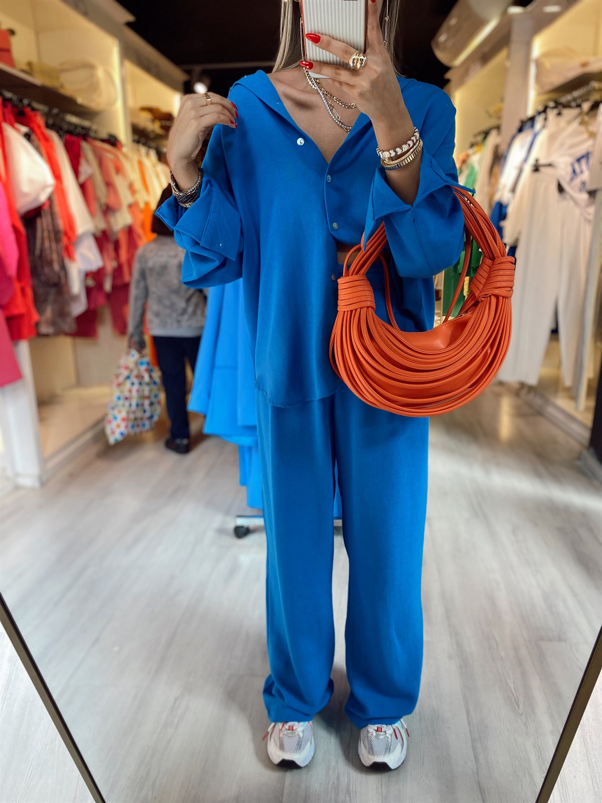 Mavi Beli Düğmeli Bol Paça Keten Pantolon
