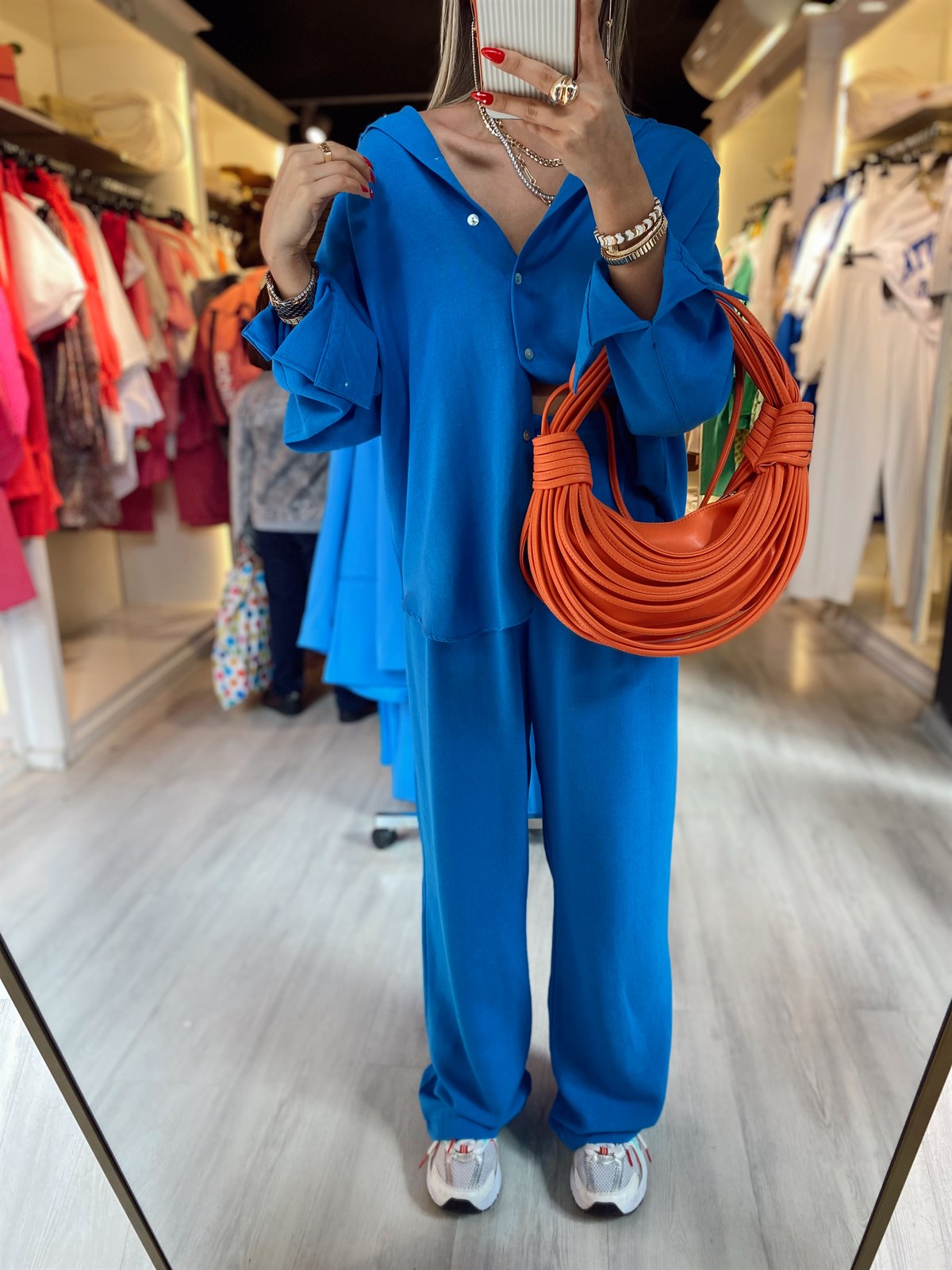 Mavi Beli Düğmeli Bol Paça Keten Pantolon
