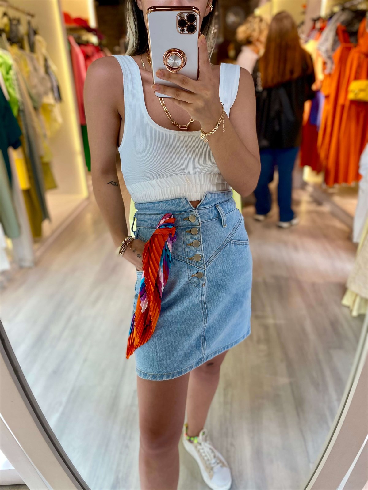 Mavi Cepli Düğme Detaylı Kot Etek