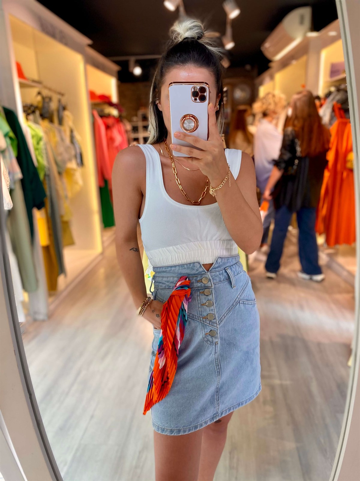 Mavi Cepli Düğme Detaylı Kot Etek