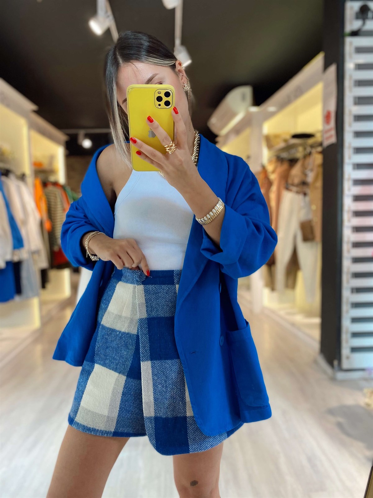 Mavi Ekru Düğme Detaylı Şortlu Etek