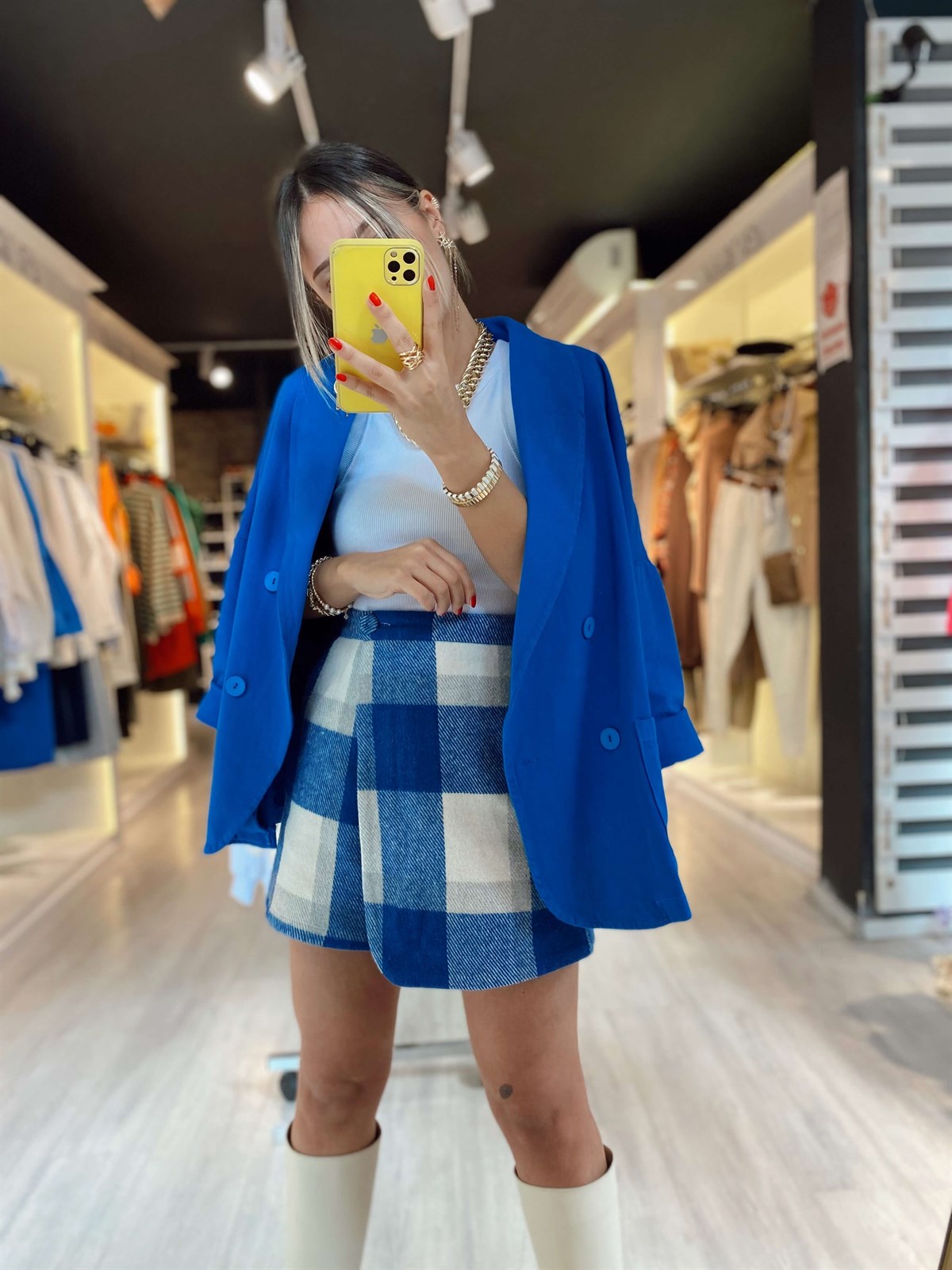 Mavi Ekru Düğme Detaylı Şortlu Etek