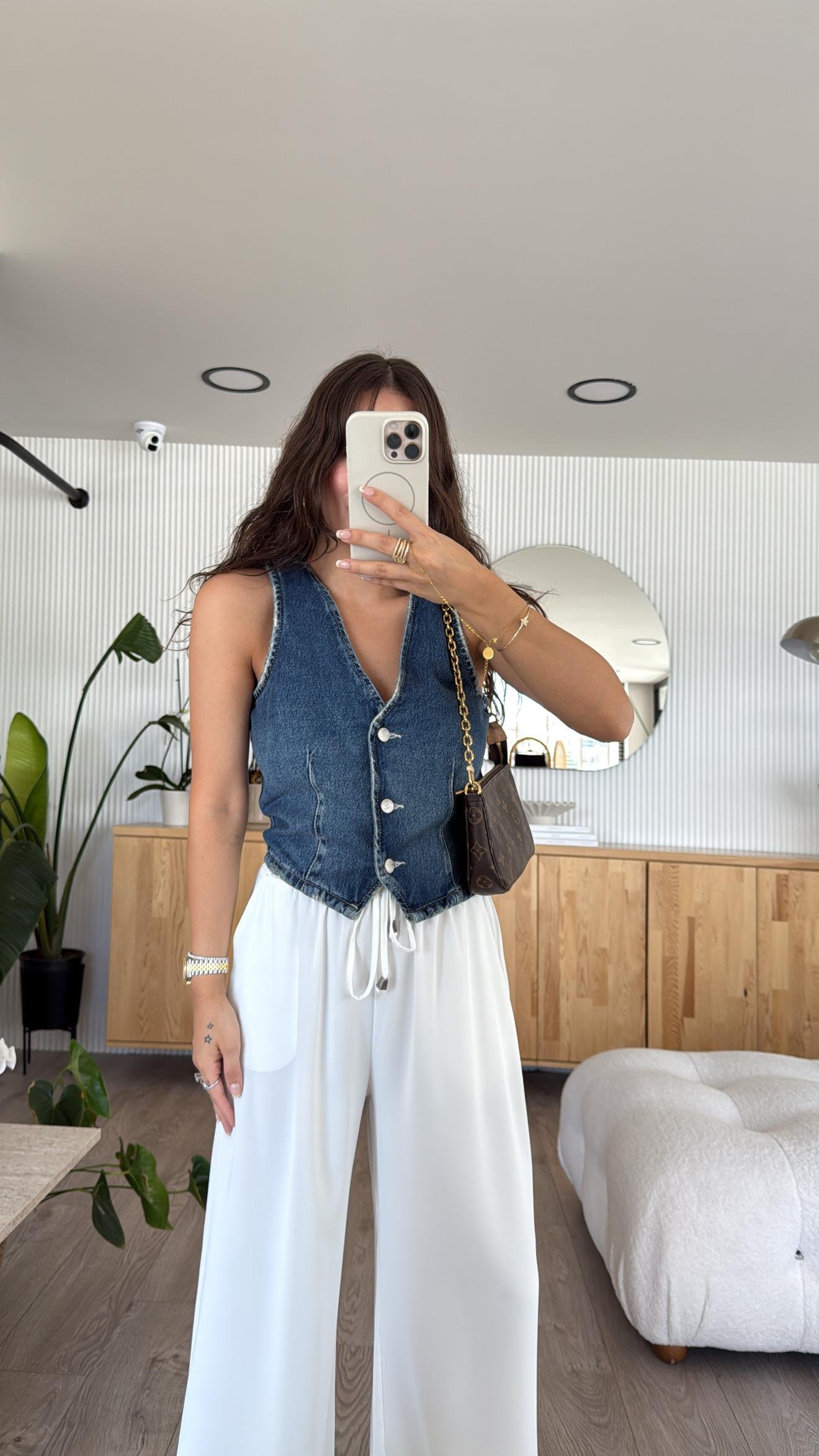 Mavi Eskitmeli Düğmeli Jean Yelek