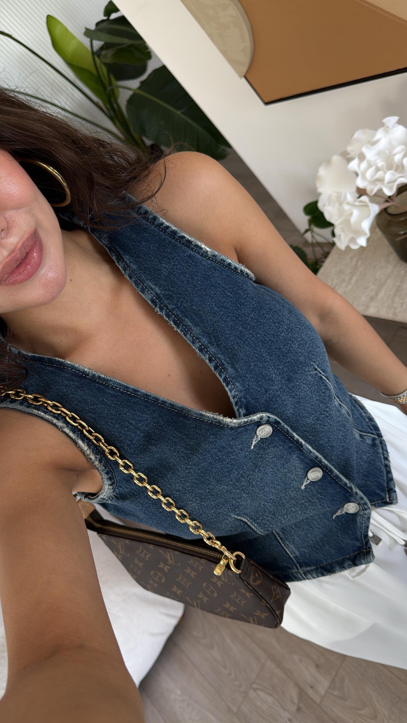 Mavi Eskitmeli Düğmeli Jean Yelek