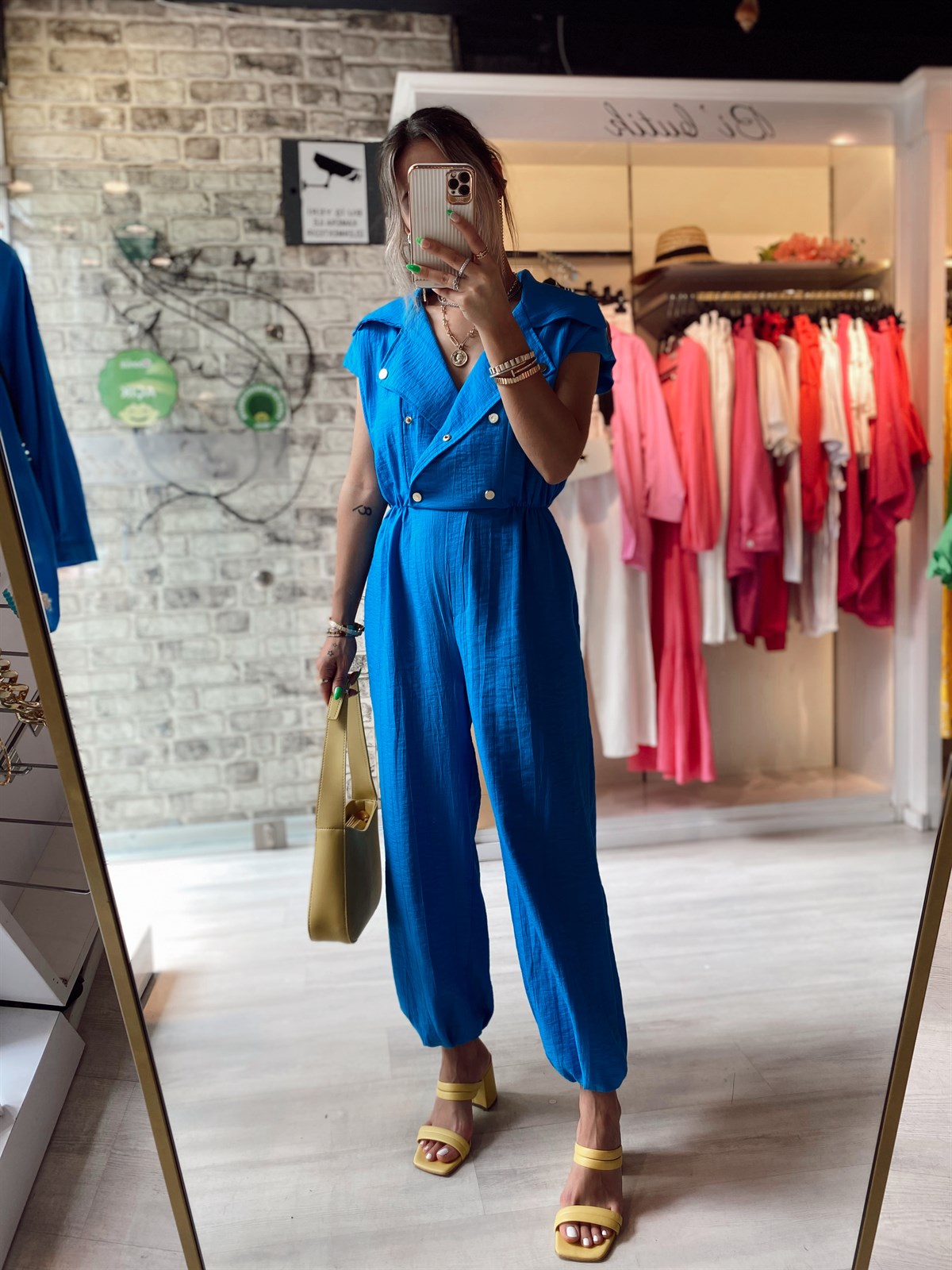 Mavi Gold Duğme Detaylı Tulum