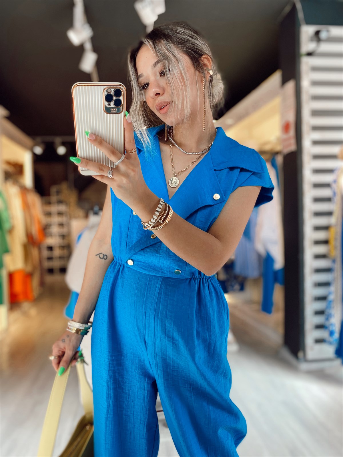 Mavi Gold Duğme Detaylı Tulum