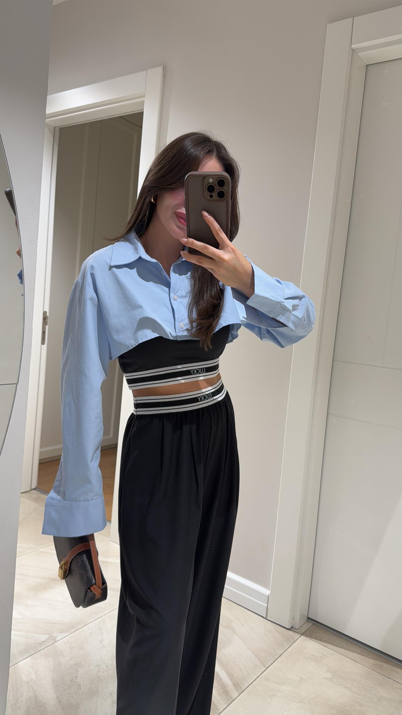 Mavi İç Atlet Detaylı Crop Gömlek