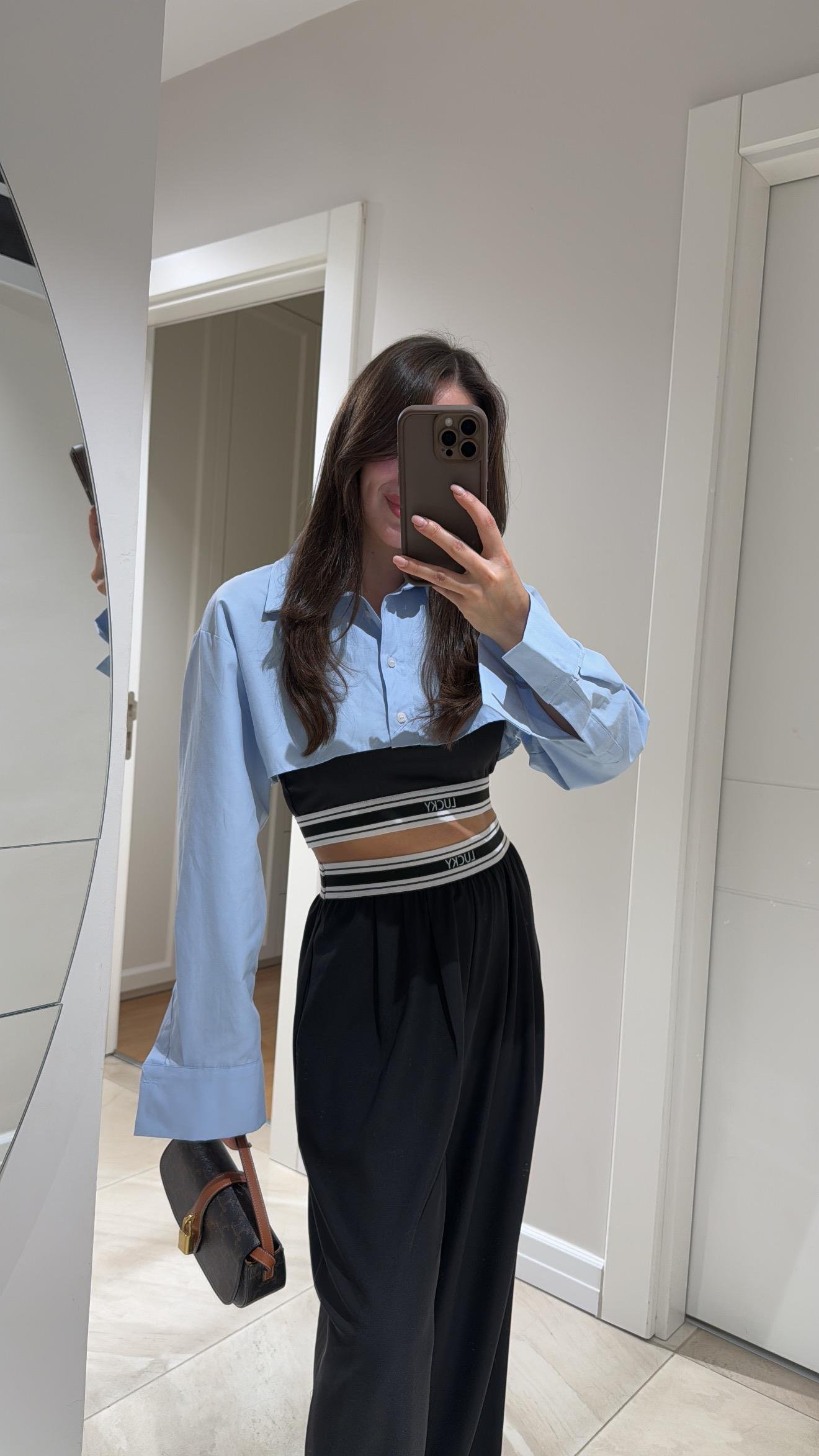 Mavi İç Atlet Detaylı Crop Gömlek