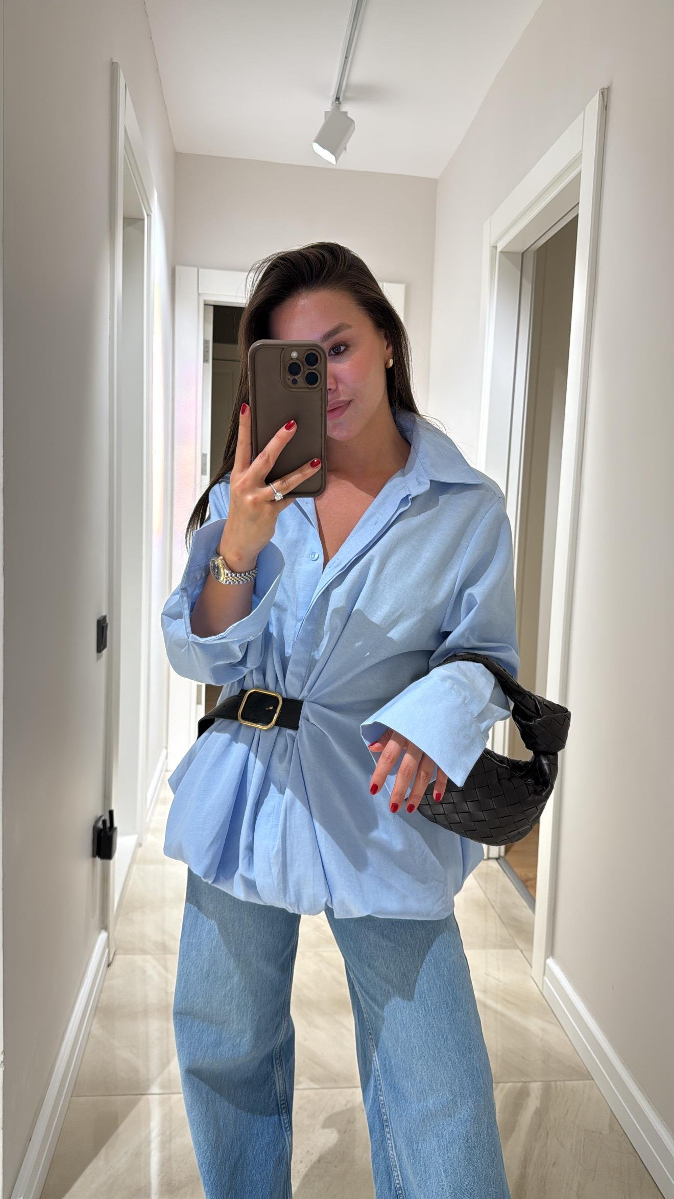 Mavi Kendinden Kemerli Balon Gömlek 