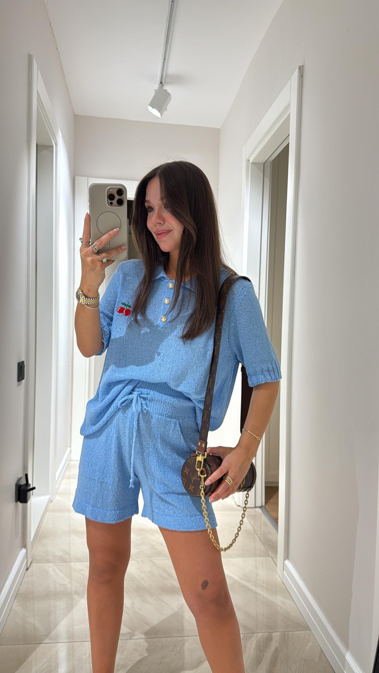 Mavi Kiraz Detaylı Triko Bluz