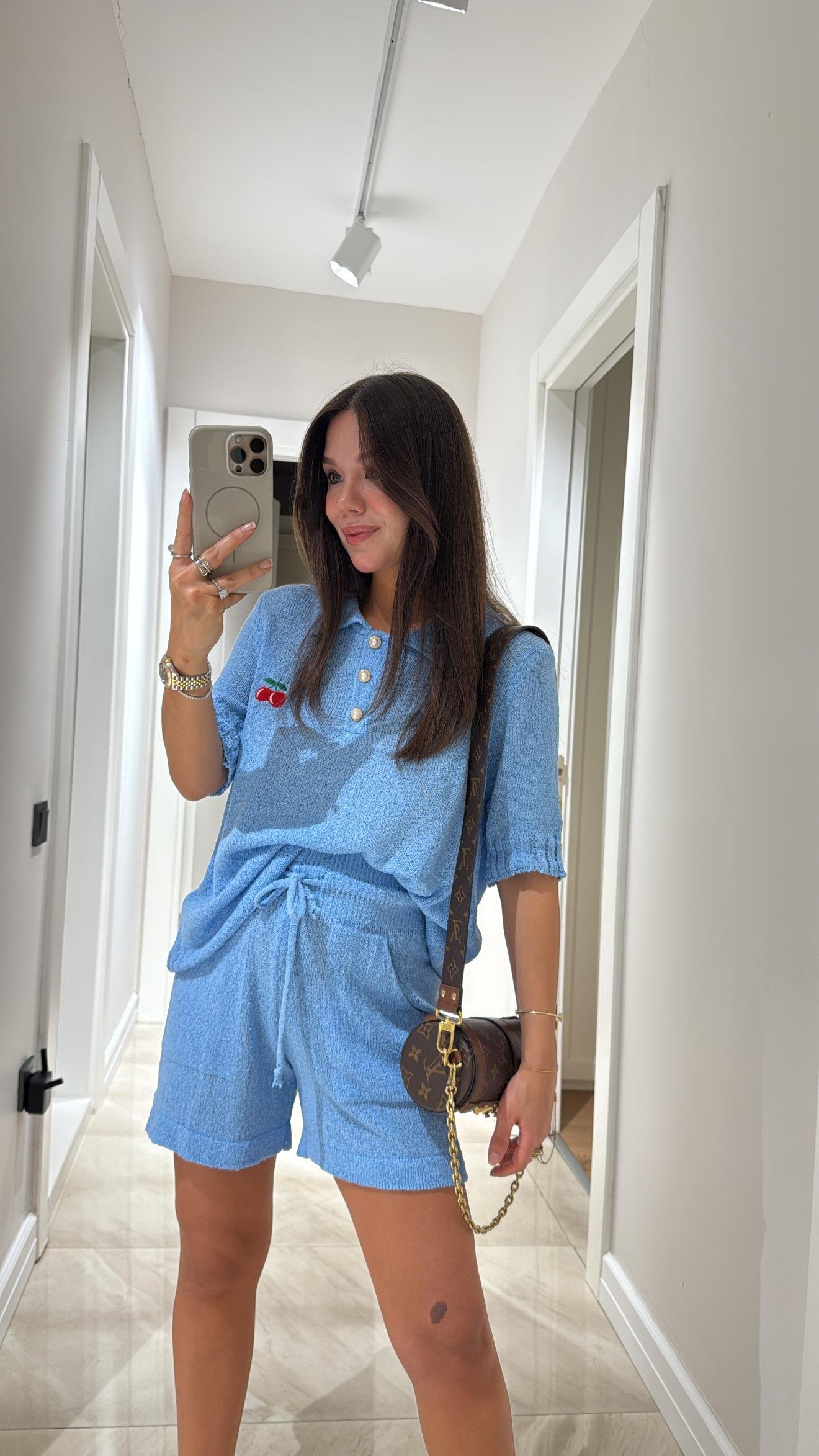 Mavi Kiraz Detaylı Triko Bluz