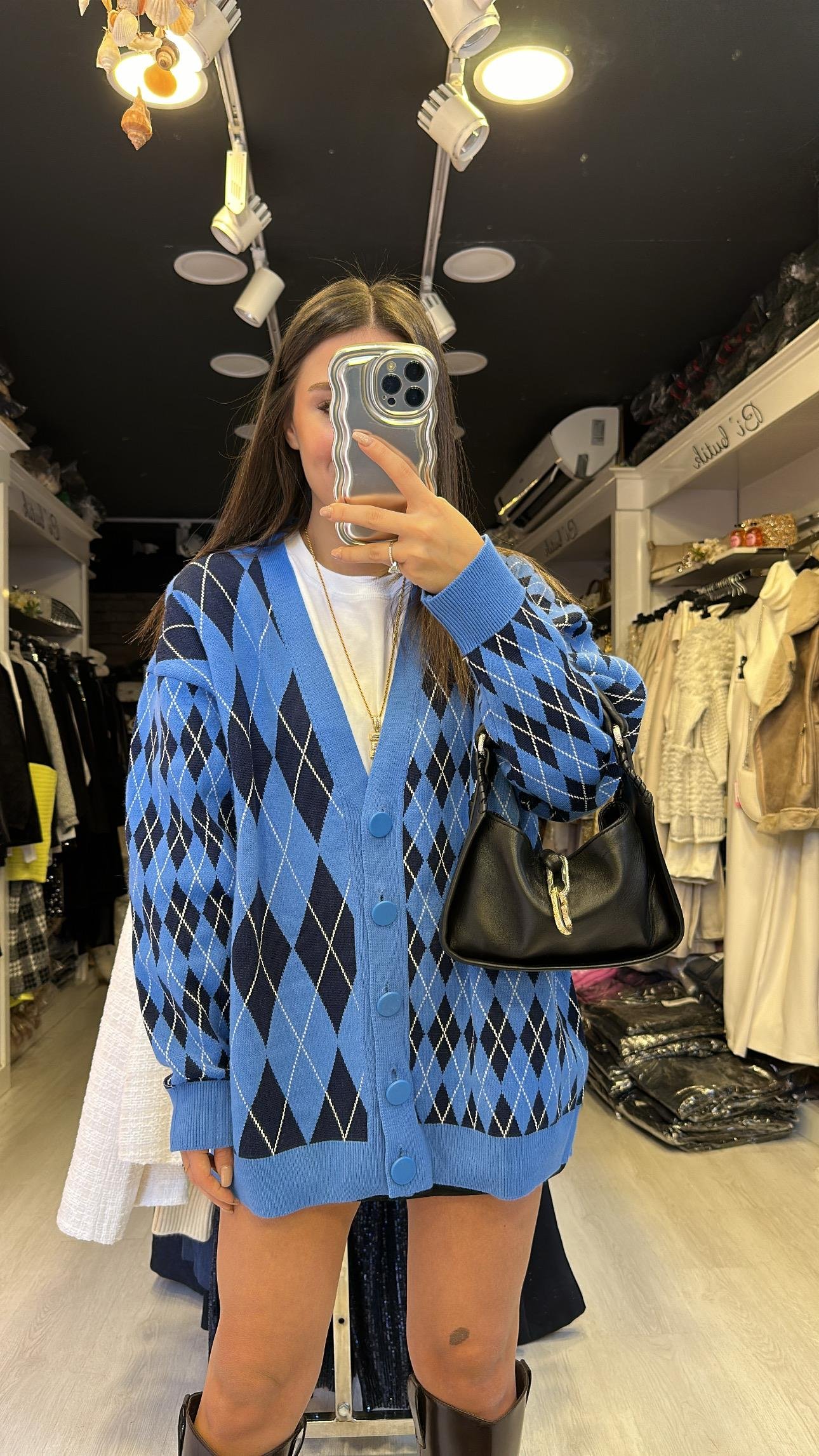 Mavi Lacivert Baklava Desenli Düğmeli Hırka 