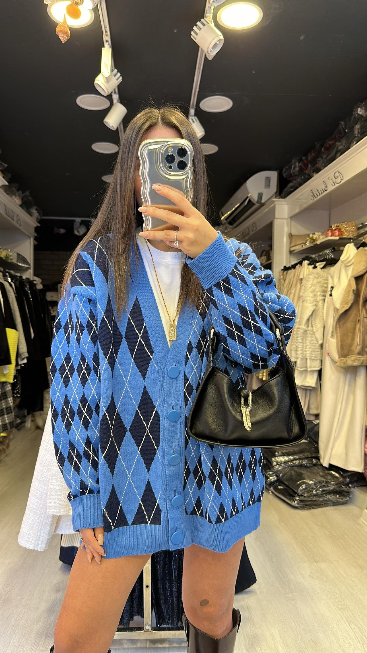 Mavi Lacivert Baklava Desenli Düğmeli Hırka 