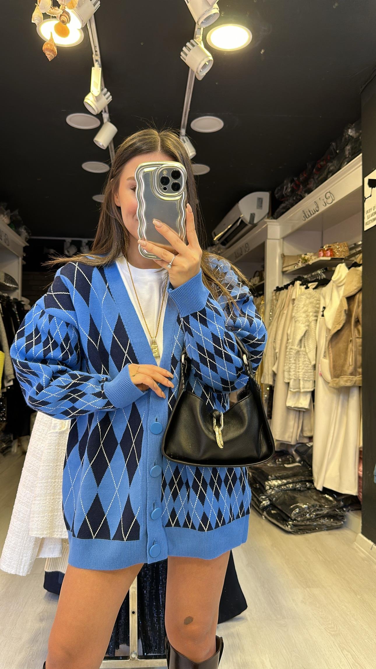 Mavi Lacivert Baklava Desenli Düğmeli Hırka 