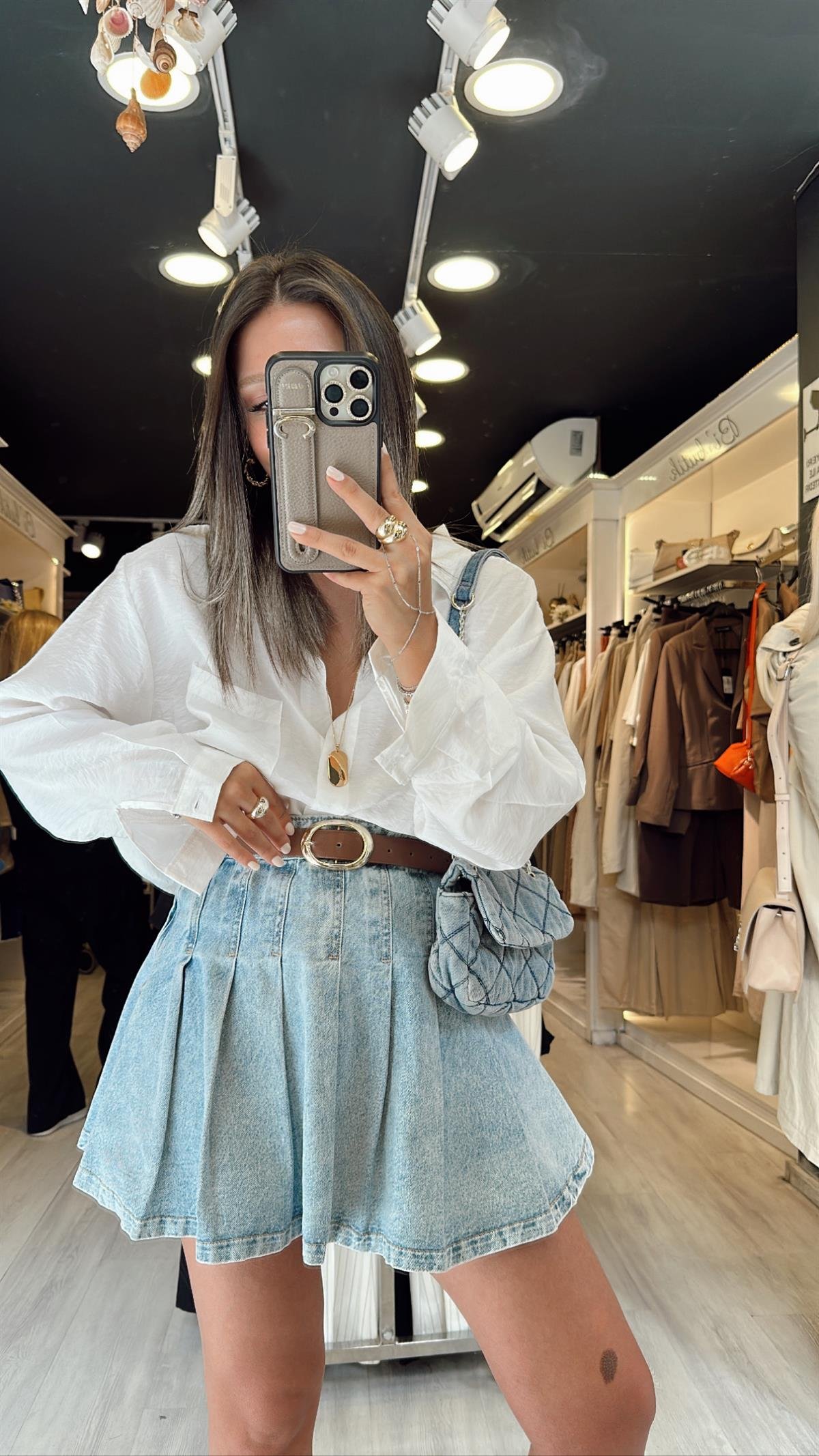 Mavi Ön Fermuarlı Pileli Kot Etek