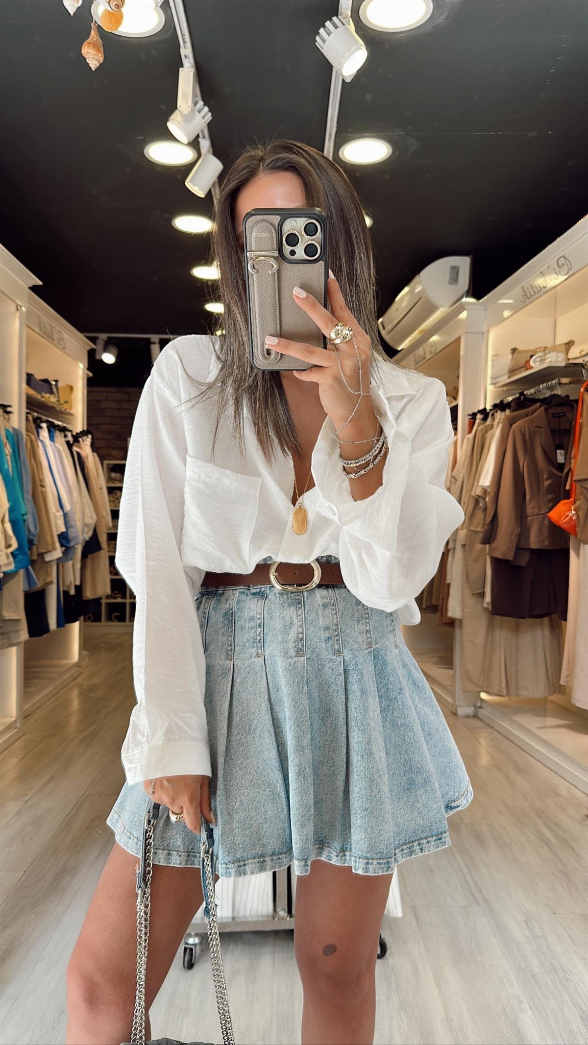 Mavi Ön Fermuarlı Pileli Kot Etek