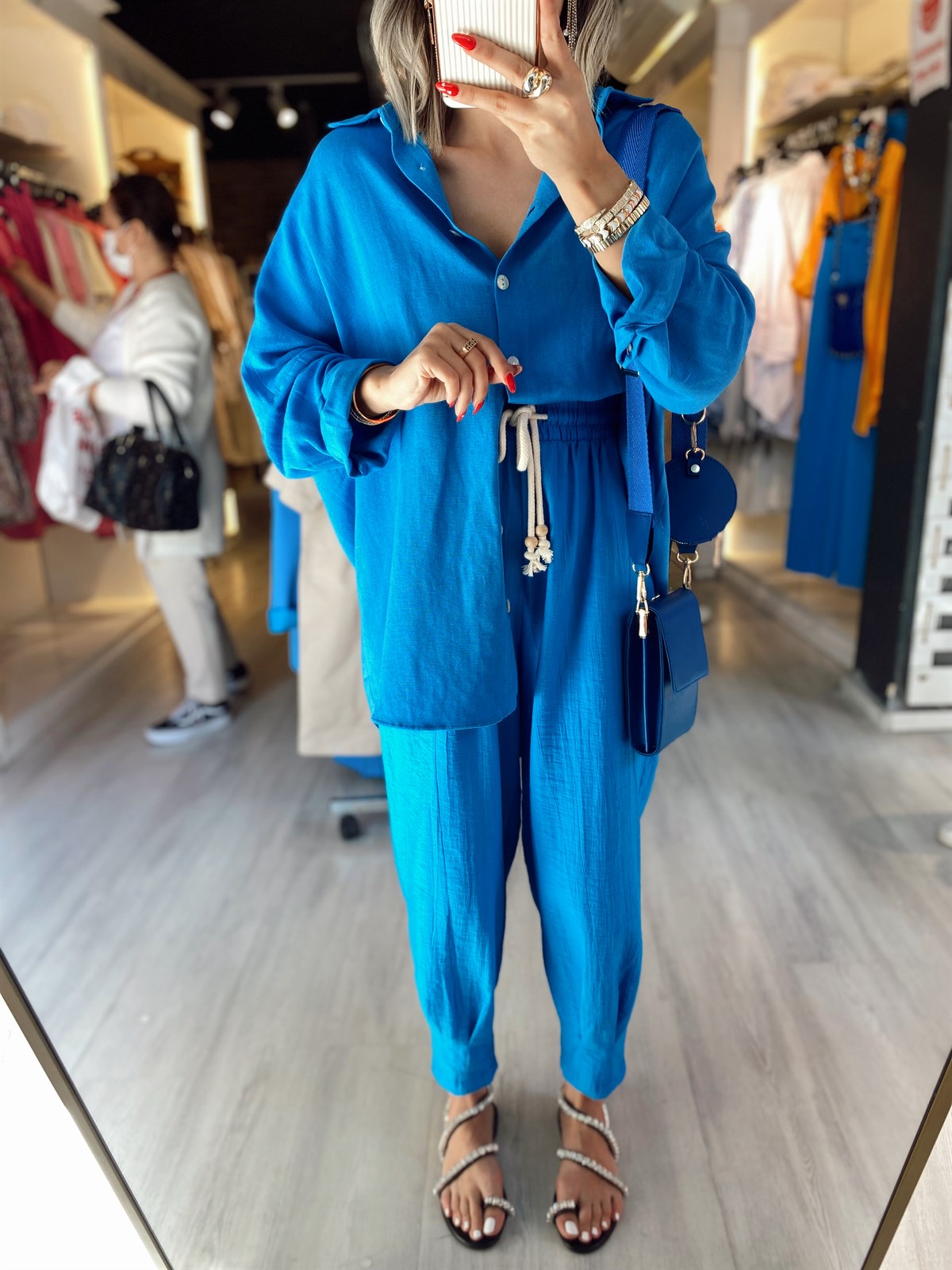 Mavi Paça Pileli Beli Bağcıklı Pantolon