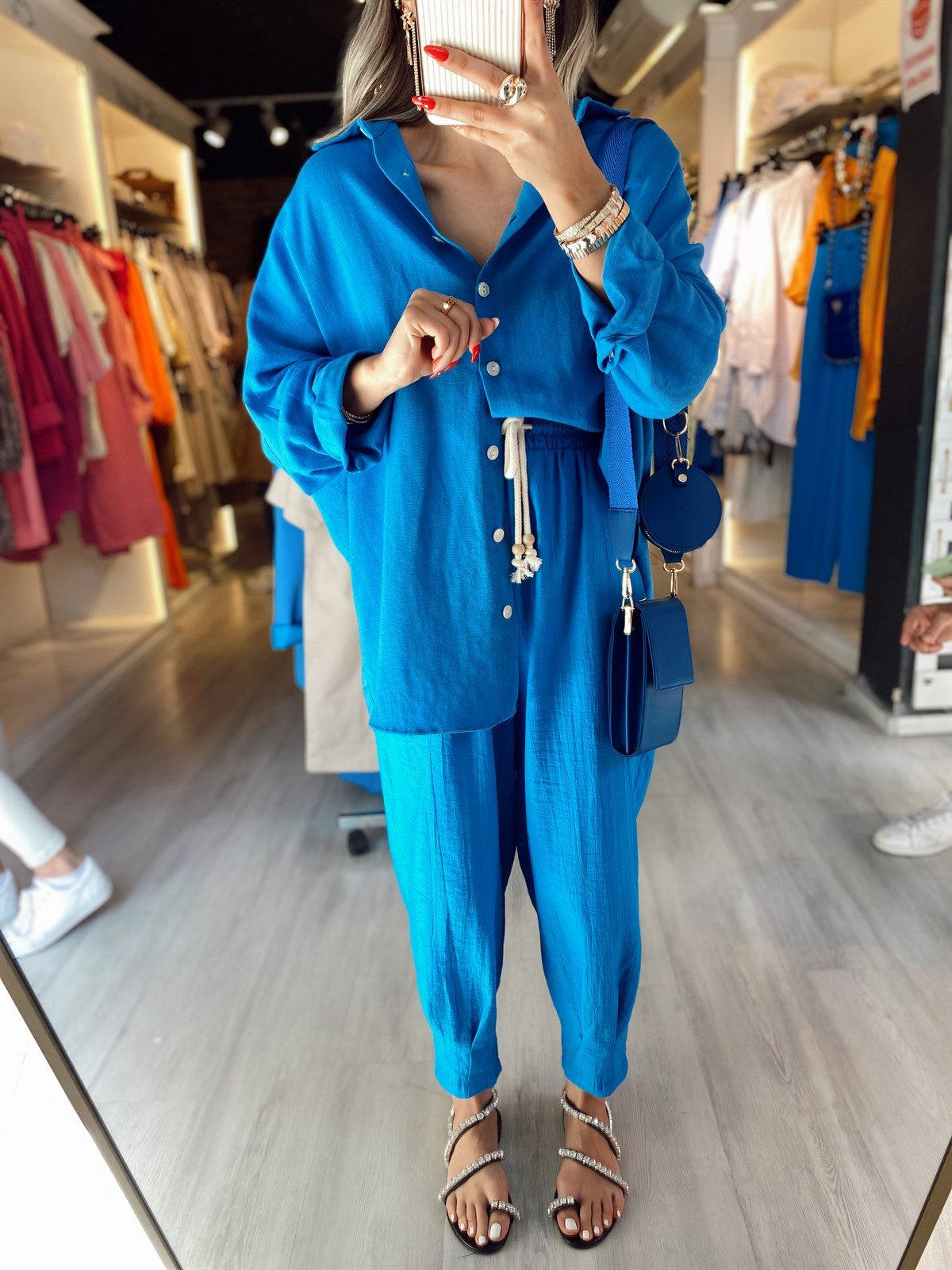 Mavi Paça Pileli Beli Bağcıklı Pantolon