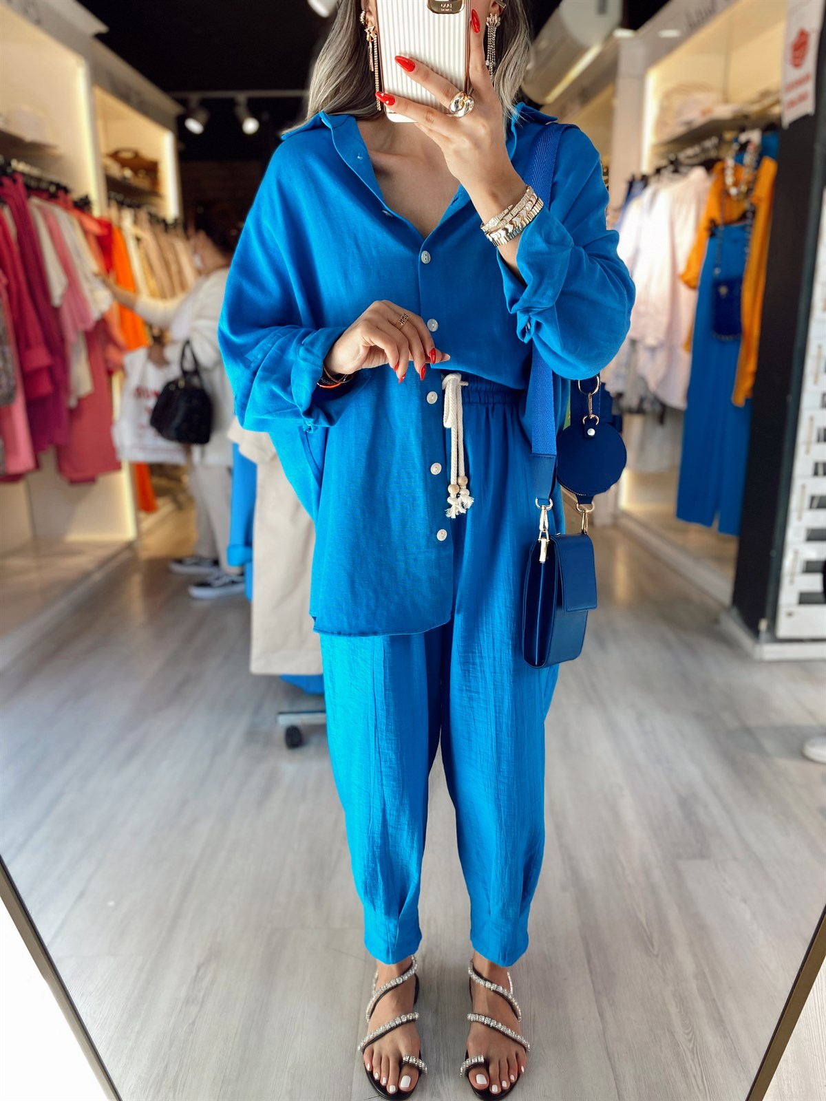 Mavi Paça Pileli Beli Bağcıklı Pantolon