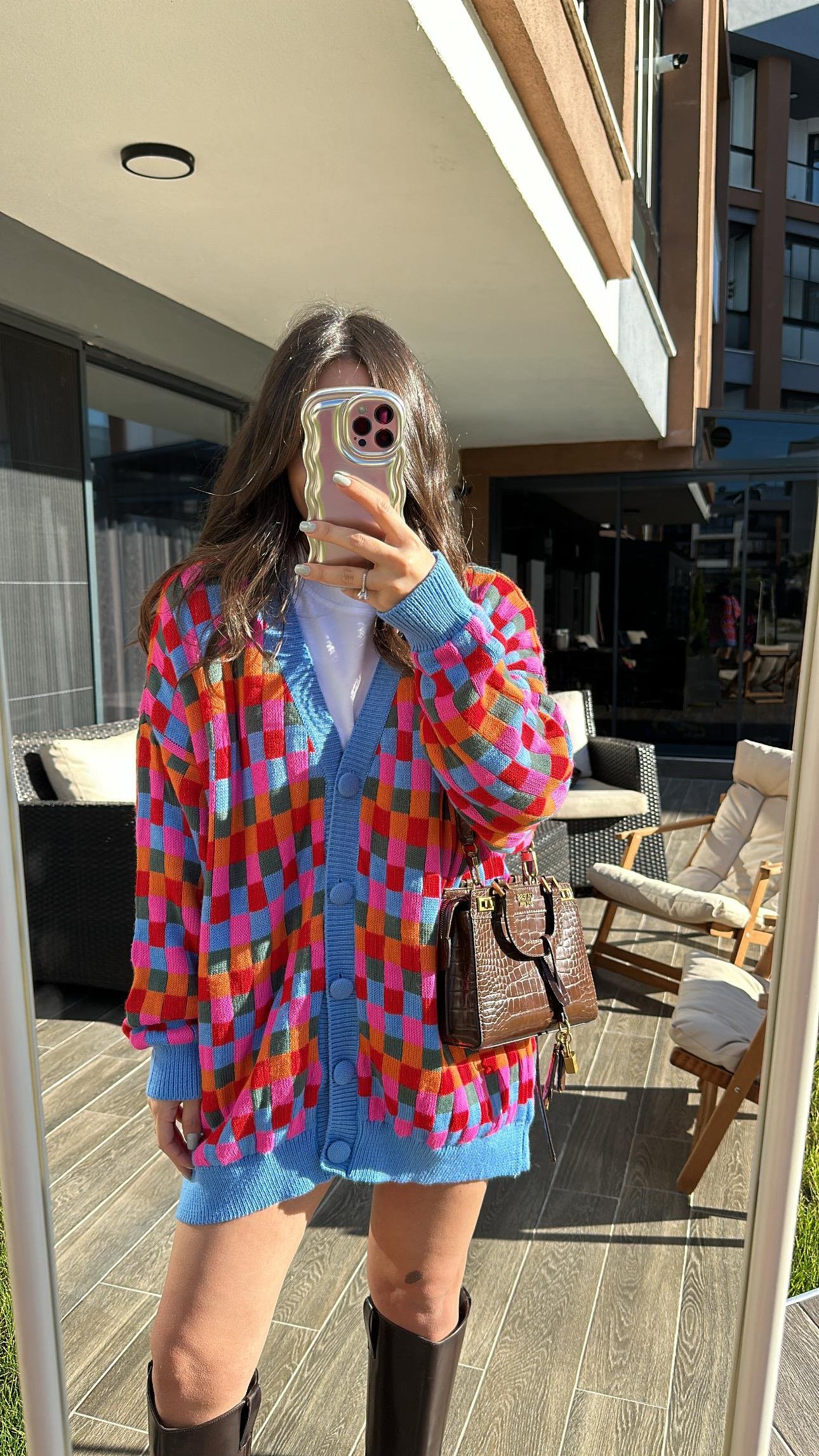 Mavi Renkli Kareli Düğmeli Hırka 