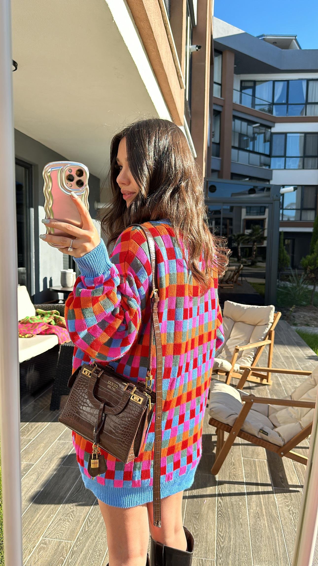 Mavi Renkli Kareli Düğmeli Hırka 